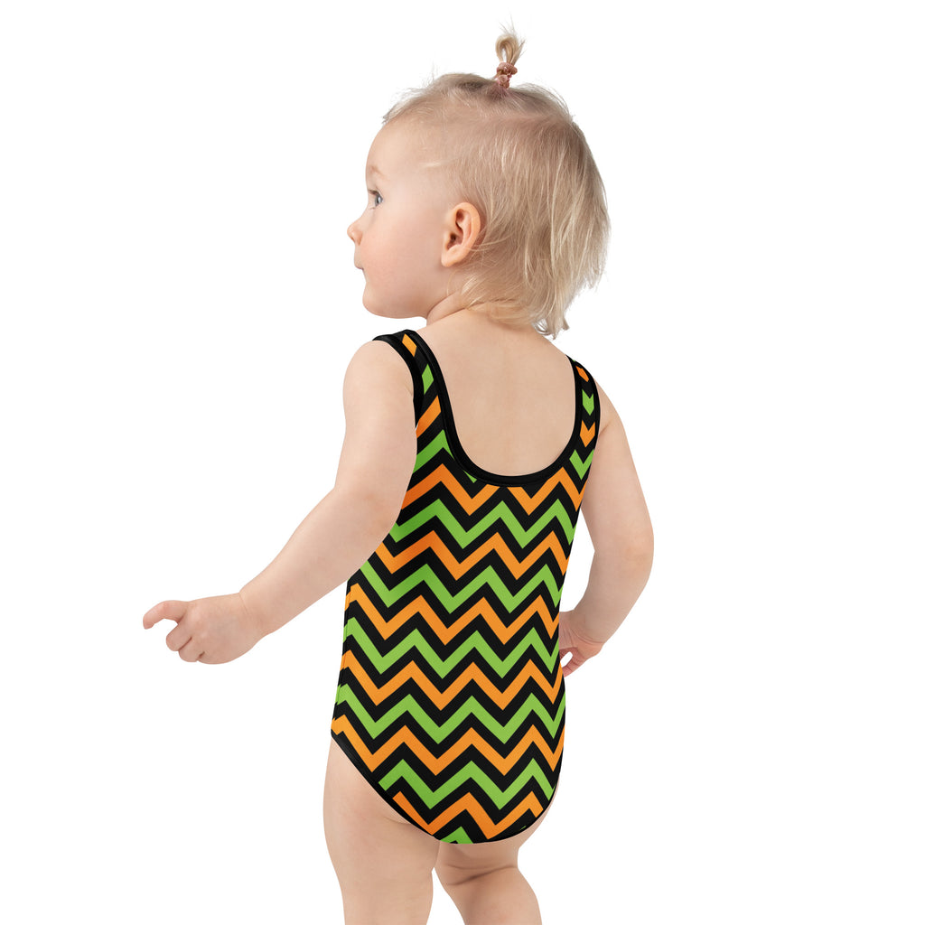 Girls Green Orange Chevron Halloween One Piece Swimsuit – Buttery Soft UPF 50+ Sun Protection, Quick Dry, Double Layered Front & 4-Way Stretch