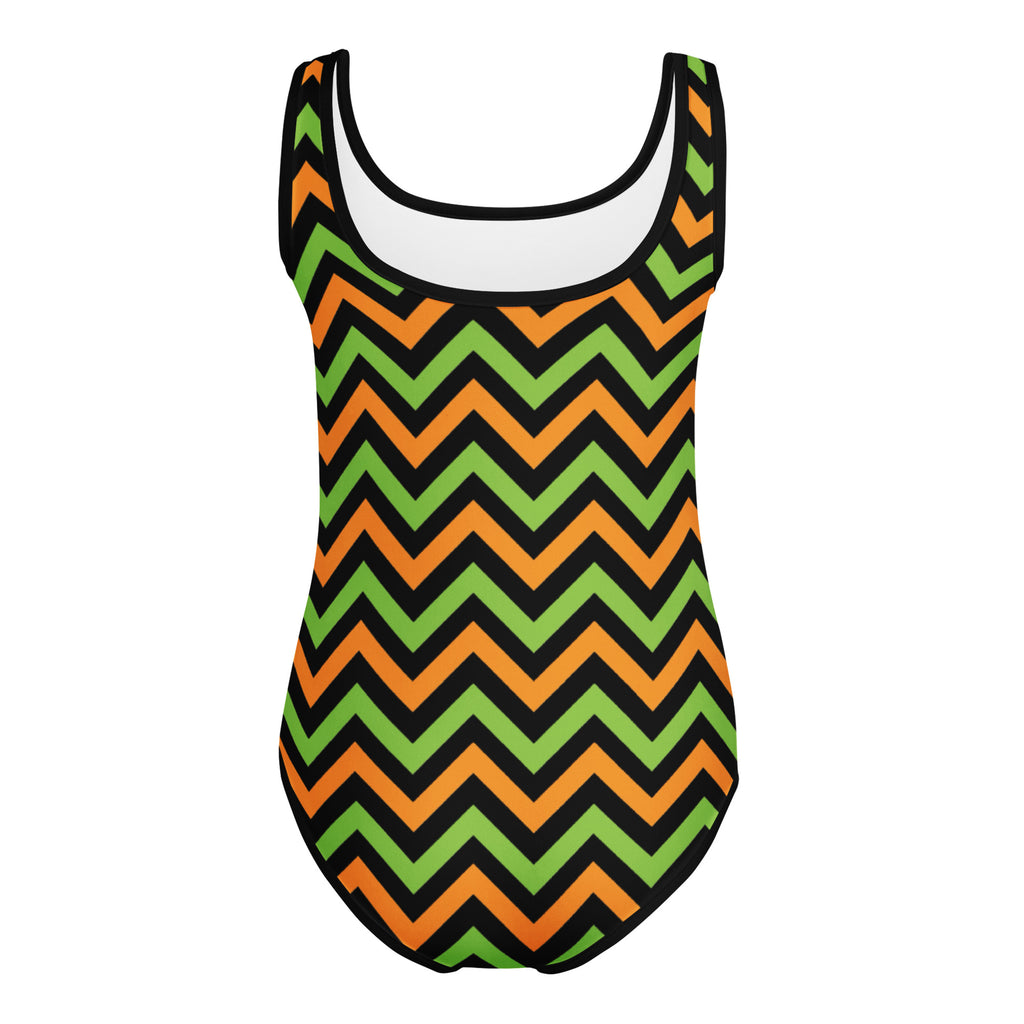 Girls Orange & Green Chevron Halloween Leotard – Buttery-Soft, Quick-Dry 4-Way Stretch Comfort for Dance & Gymnastics
