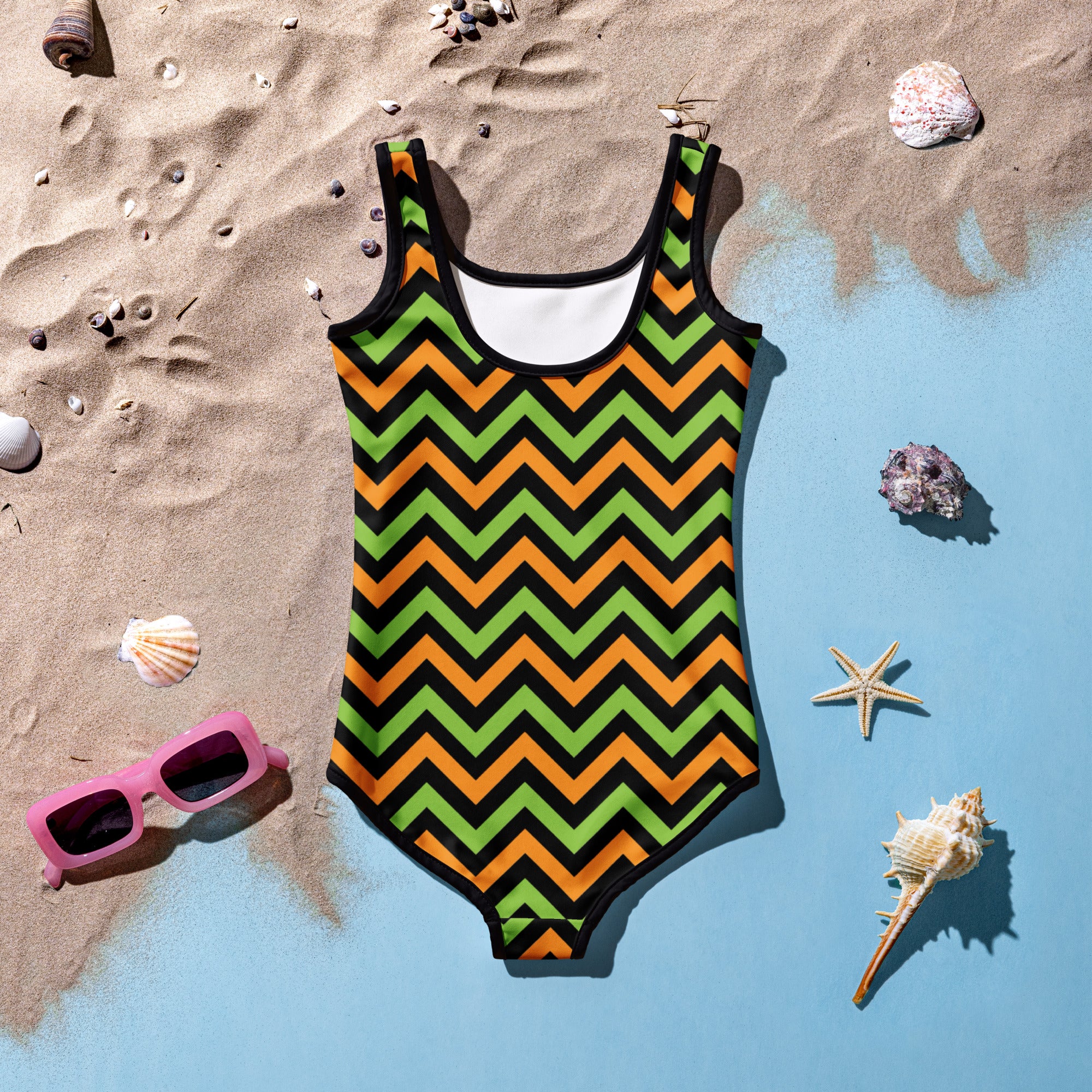 Girls Green Orange Chevron Halloween One Piece Swimsuit – Buttery Soft UPF 50+ Sun Protection, Quick Dry, Double Layered Front & 4-Way Stretch