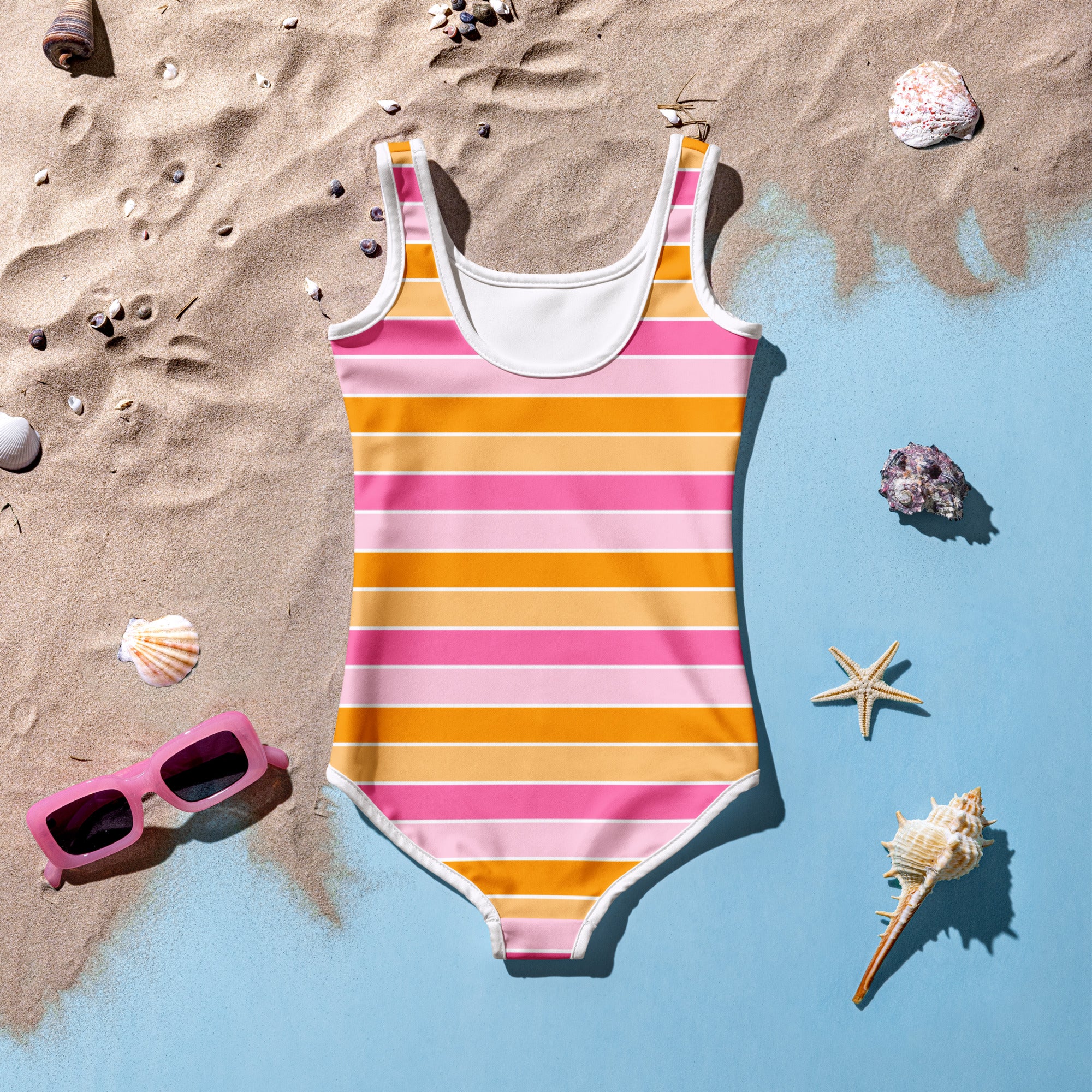 Girls Pink Orange Striped One Piece Swimsuit – Buttery Soft UPF 50+ Sun Protection, Quick Dry, Double Layered Front & 4-Way Stretch