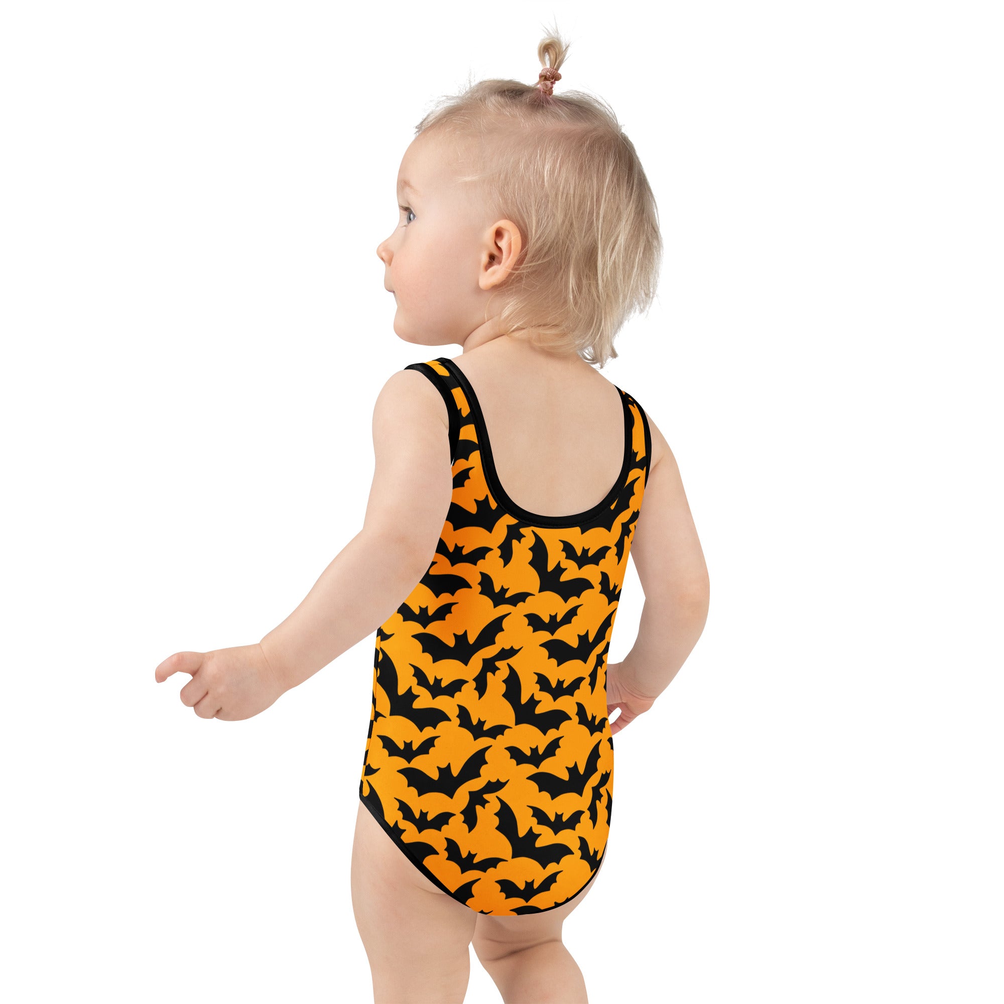 Girls Bright Orange Bat Halloween One Piece Swimsuit – Buttery Soft UPF 50+ Sun Protection, Quick Dry, Double Layered Front & 4-Way Stretch