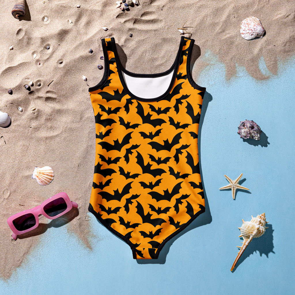 Girls Bright Orange Bat Halloween One Piece Swimsuit – Buttery Soft UPF 50+ Sun Protection, Quick Dry, Double Layered Front & 4-Way Stretch