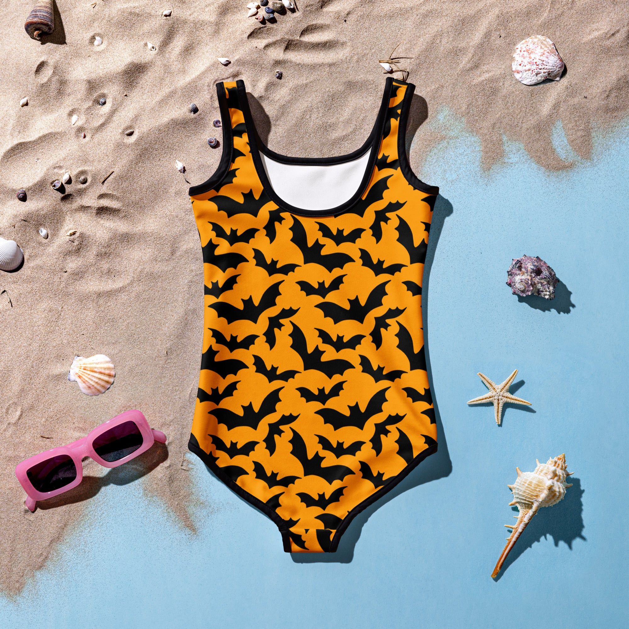 Girls Bright Orange Bat Halloween One Piece Swimsuit – Buttery Soft UPF 50+ Sun Protection, Quick Dry, Double Layered Front & 4-Way Stretch