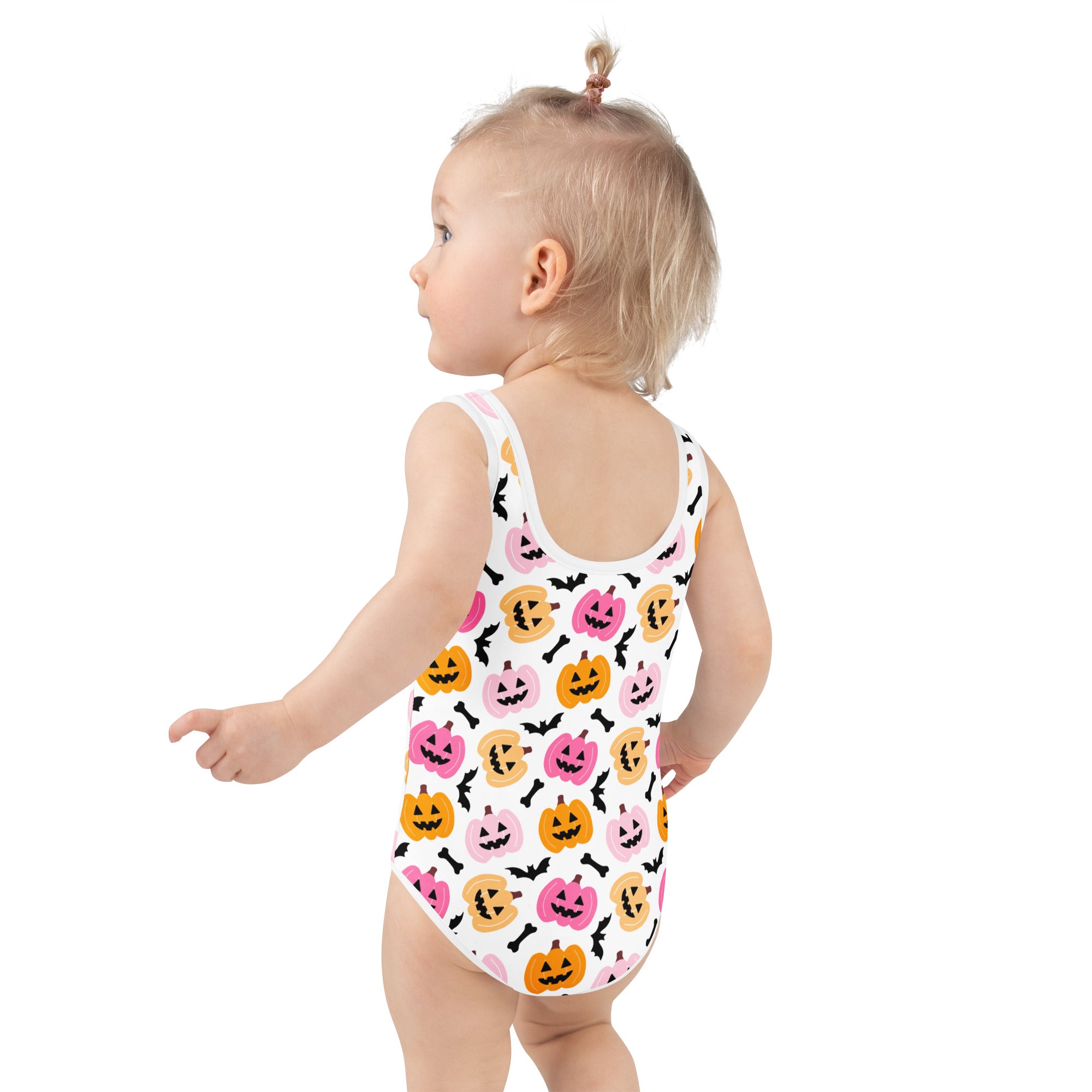 Girls Pink & Orange Pumpkin Halloween One Piece Swimsuit – Buttery Soft UPF 50+ Sun Protection, Quick Dry, Double Layered Front & 4-Way Stretch