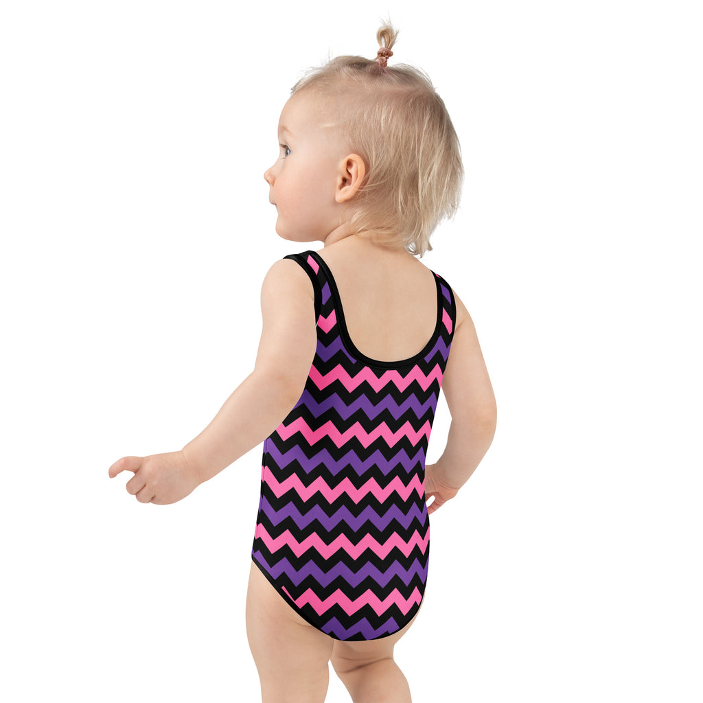 Girls Pink Purple Chevron Halloween One Piece Swimsuit – Buttery Soft UPF 50+ Sun Protection, Quick Dry, Double Layered Front & 4-Way Stretch