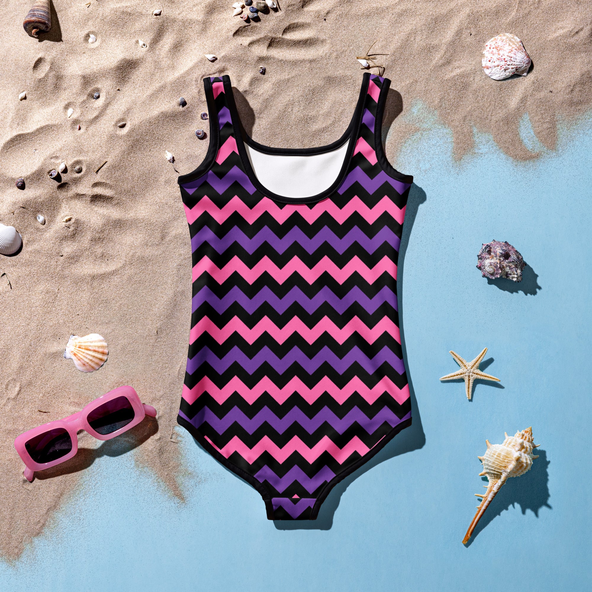 Girls Pink Purple Chevron Halloween One Piece Swimsuit – Buttery Soft UPF 50+ Sun Protection, Quick Dry, Double Layered Front & 4-Way Stretch