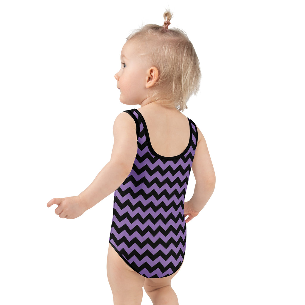 Girls Purple Chevron Halloween One Piece Swimsuit – Buttery Soft UPF 50+ Sun Protection, Quick Dry, Double Layered Front & 4-Way Stretch