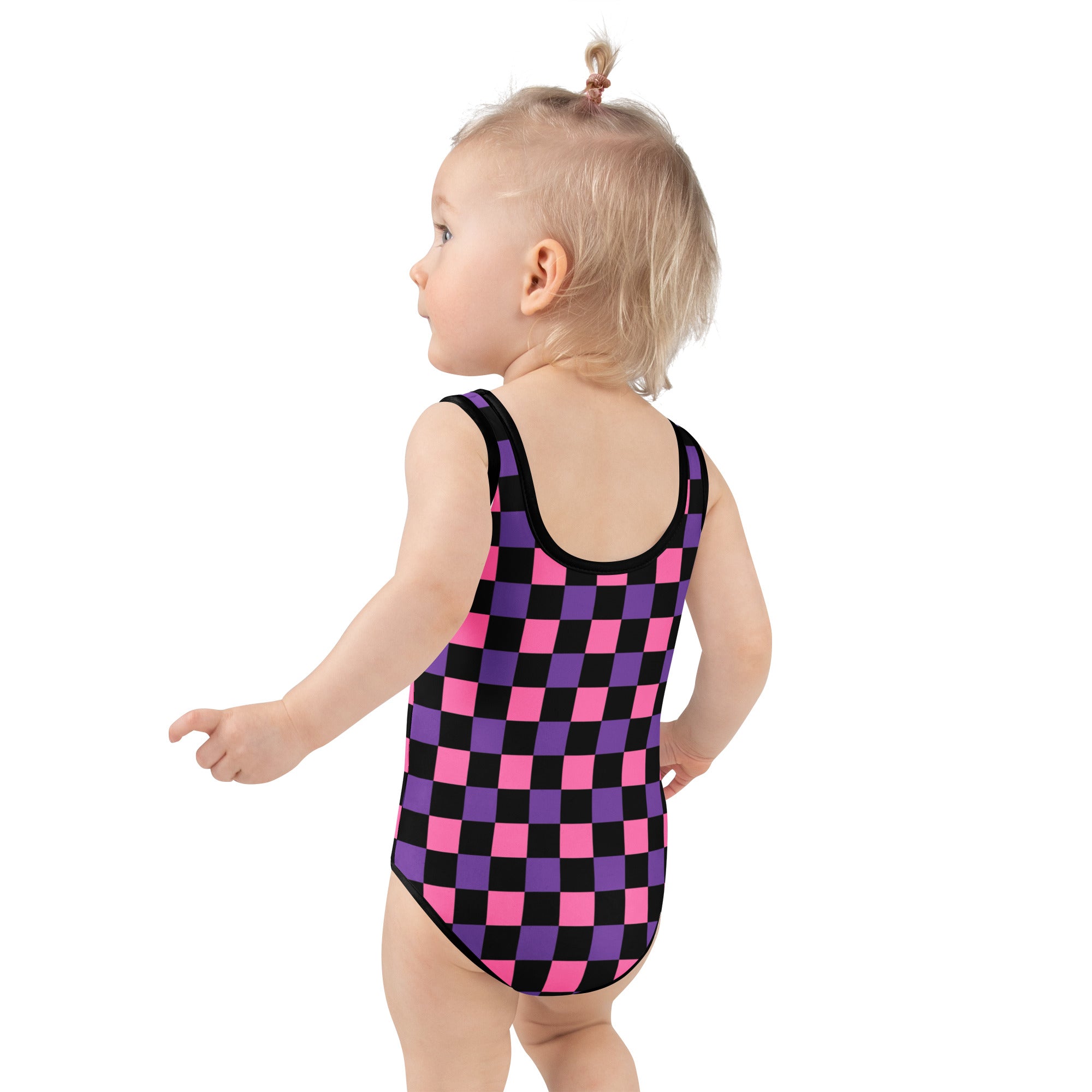Girls Pink Purple Checkerboard Halloween One Piece Swimsuit – Buttery Soft UPF 50+ Sun Protection, Quick Dry, Double Layered Front & 4-Way Stretch
