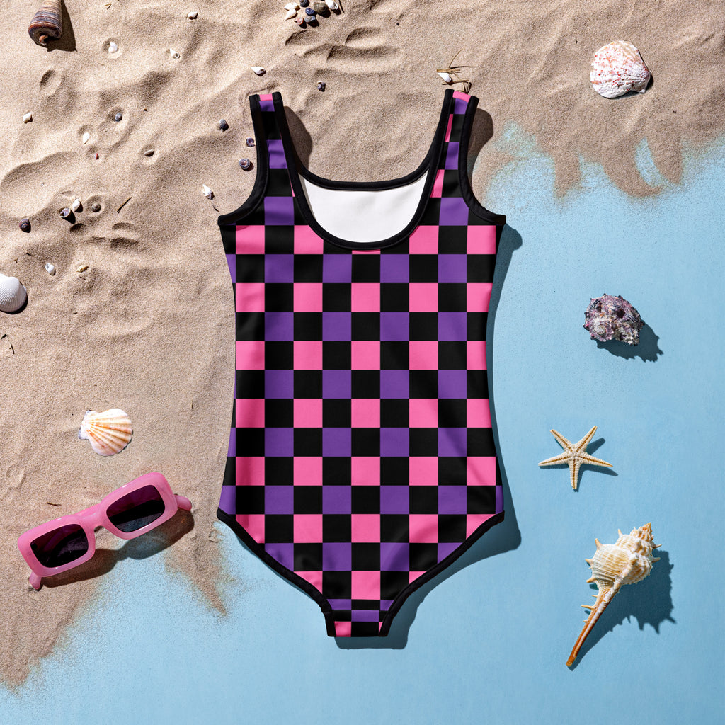 Girls Pink Purple Checkerboard Halloween One Piece Swimsuit – Buttery Soft UPF 50+ Sun Protection, Quick Dry, Double Layered Front & 4-Way Stretch