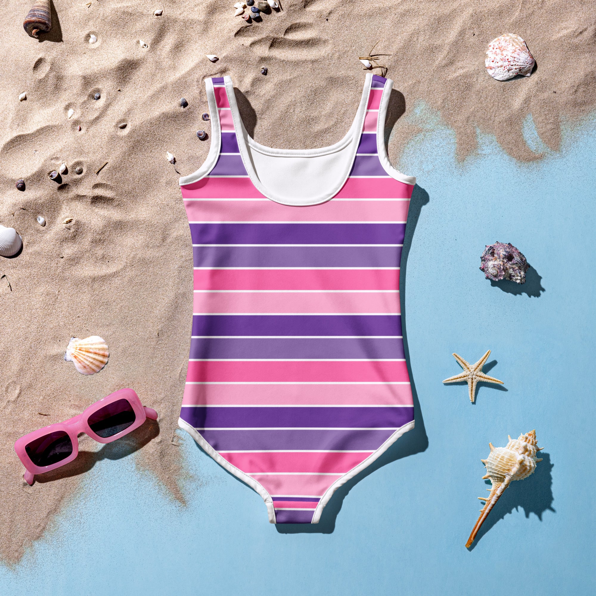 Girls Pink Purple Striped One Piece Swimsuit – Buttery Soft UPF 50+ Sun Protection, Quick Dry, Double Layered Front & 4-Way Stretch