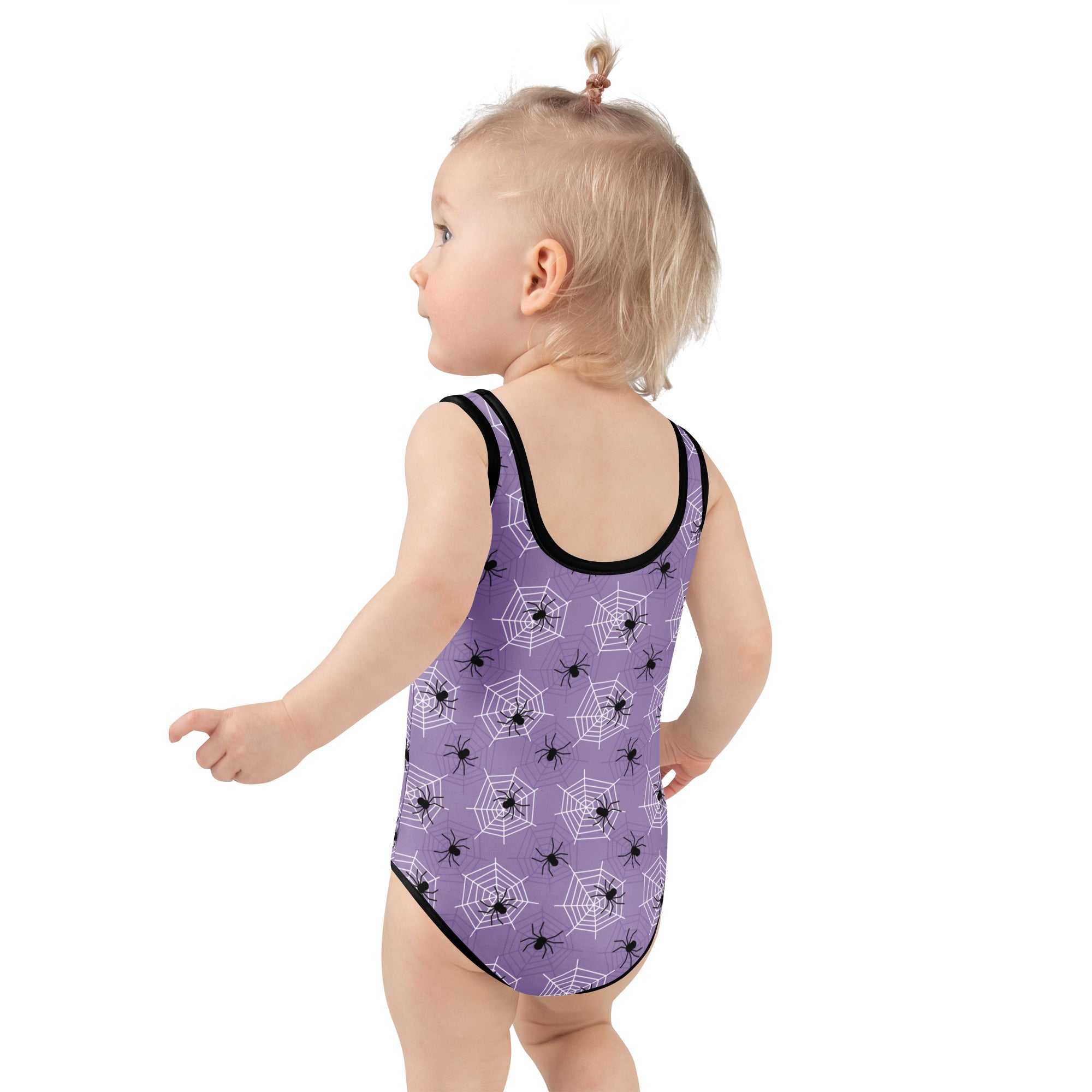 Girls Purple Spider Web Halloween One Piece Swimsuit – Buttery Soft UPF 50+ Sun Protection, Quick Dry, Double Layered Front & 4-Way Stretch
