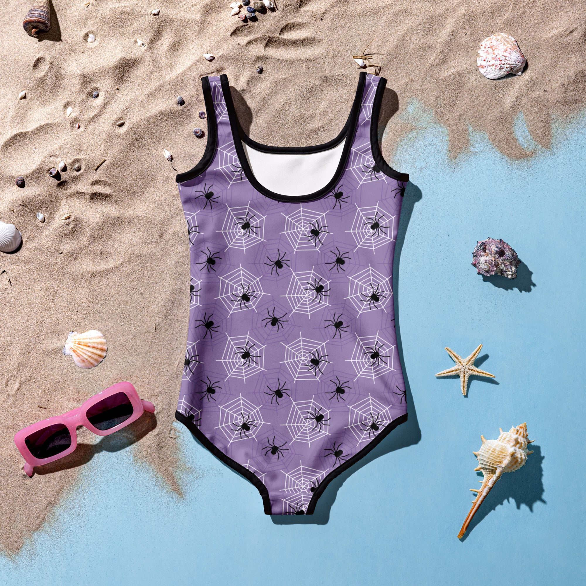 Girls Purple Spider Web Halloween One Piece Swimsuit – Buttery Soft UPF 50+ Sun Protection, Quick Dry, Double Layered Front & 4-Way Stretch