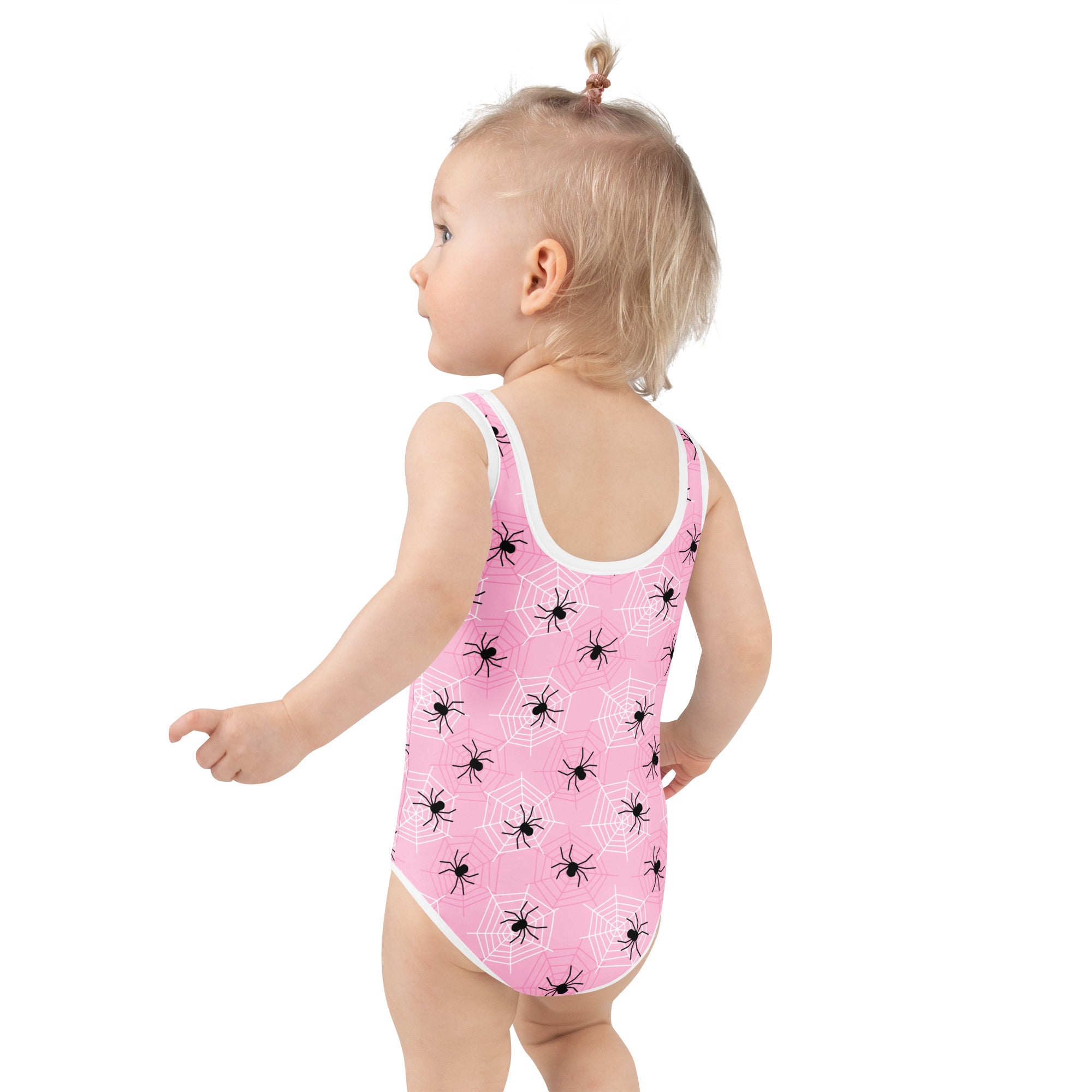 Girls Pink Spider Web Halloween One Piece Swimsuit – Buttery Soft UPF 50+ Sun Protection, Quick Dry, Double Layered Front & 4-Way Stretch