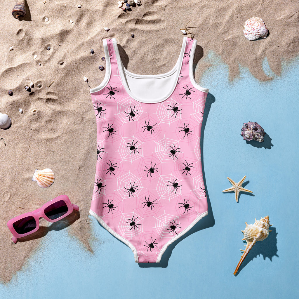Girls Pink Spider Web Halloween One Piece Swimsuit – Buttery Soft UPF 50+ Sun Protection, Quick Dry, Double Layered Front & 4-Way Stretch