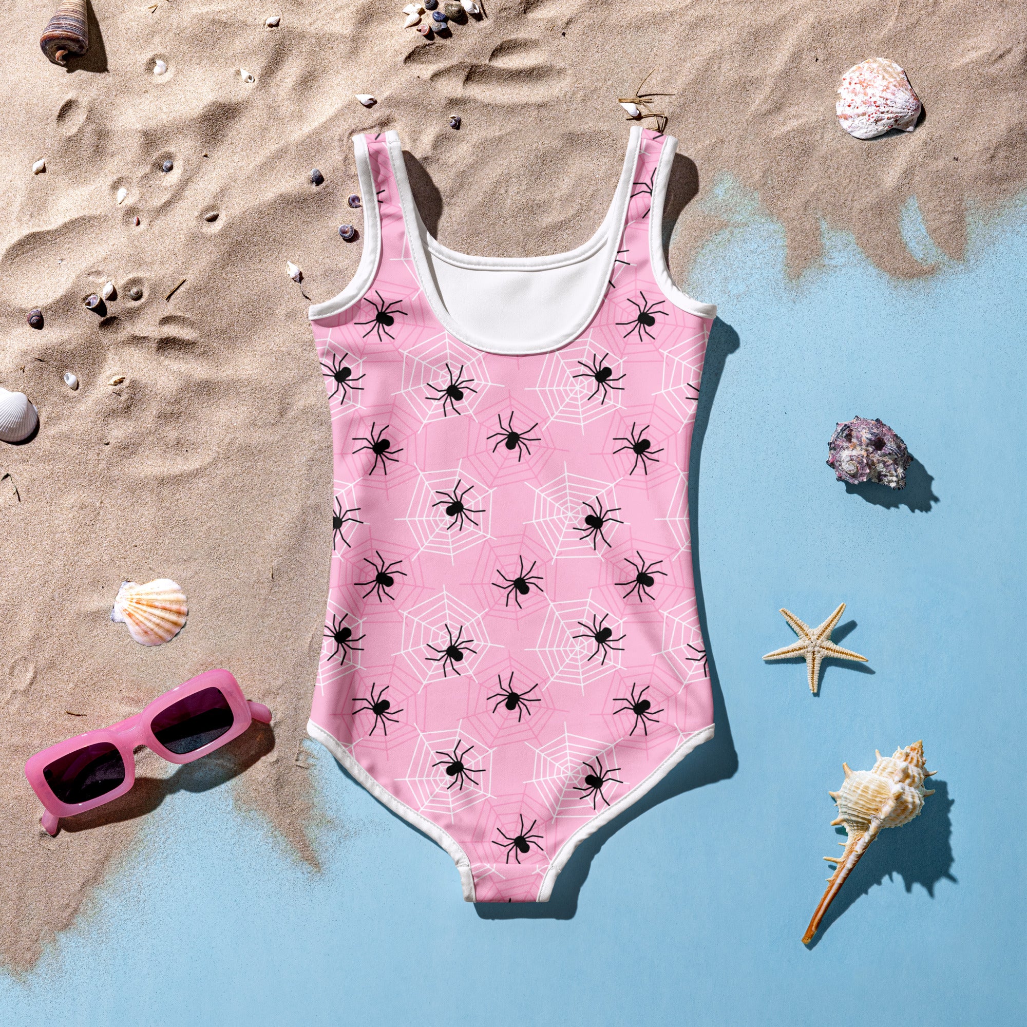 Girls Pink Spider Web Halloween One Piece Swimsuit – Buttery Soft UPF 50+ Sun Protection, Quick Dry, Double Layered Front & 4-Way Stretch