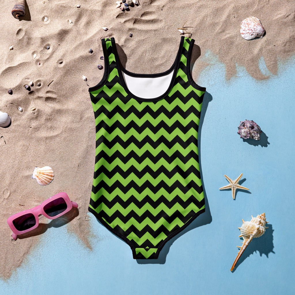 Girls Green Chevron Halloween One Piece Swimsuit – Buttery Soft UPF 50+ Sun Protection, Quick Dry, Double Layered Front & 4-Way Stretch