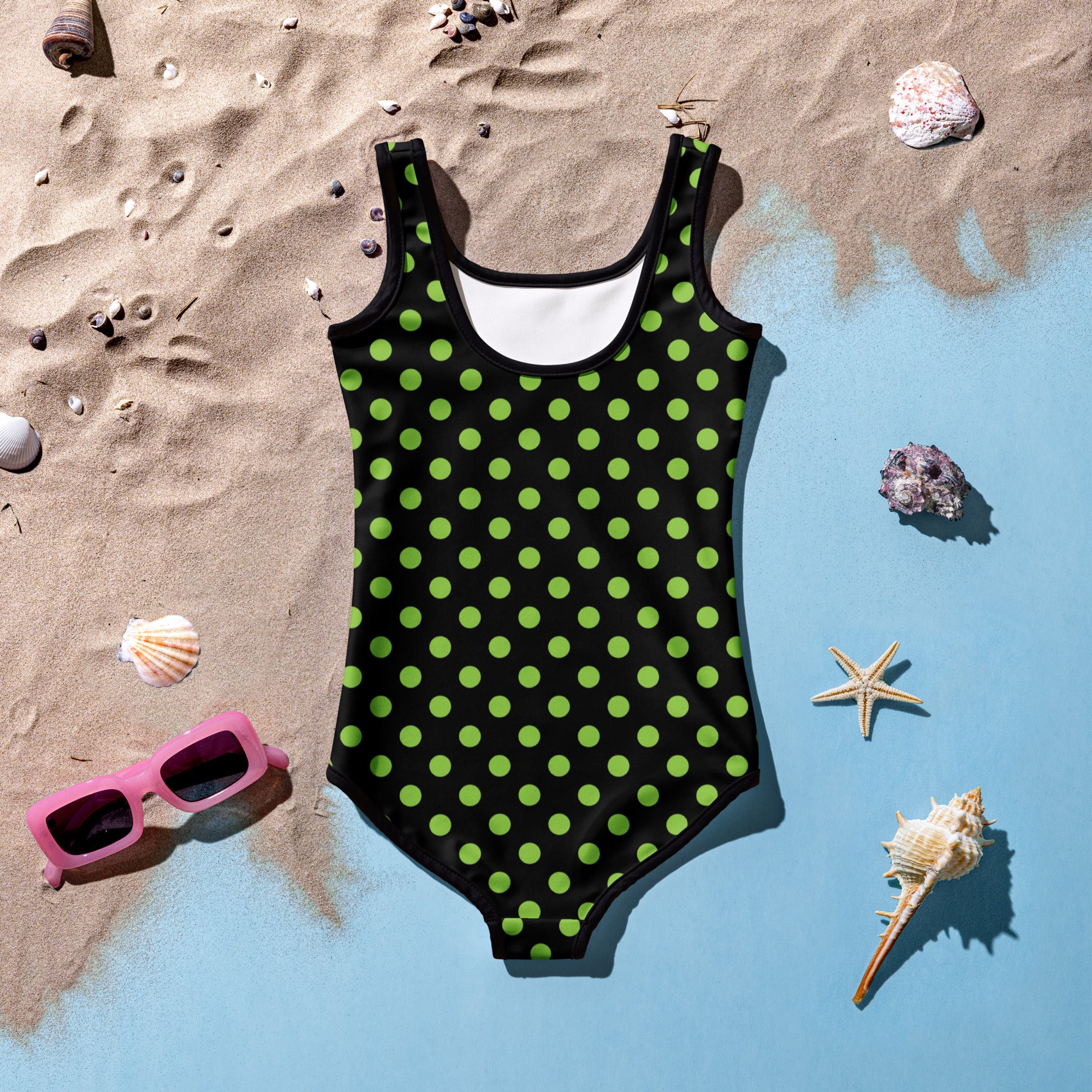 Girls Green Polka Dot Halloween One Piece Swimsuit – Buttery Soft UPF 50+ Sun Protection, Quick Dry, Double Layered Front & 4-Way Stretch