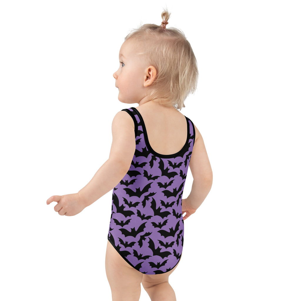 Girls Purple Bat Themed Halloween One Piece Swimsuit – Buttery Soft UPF 50+ Sun Protection, Quick Dry, Double Layered Front & 4-Way Stretch