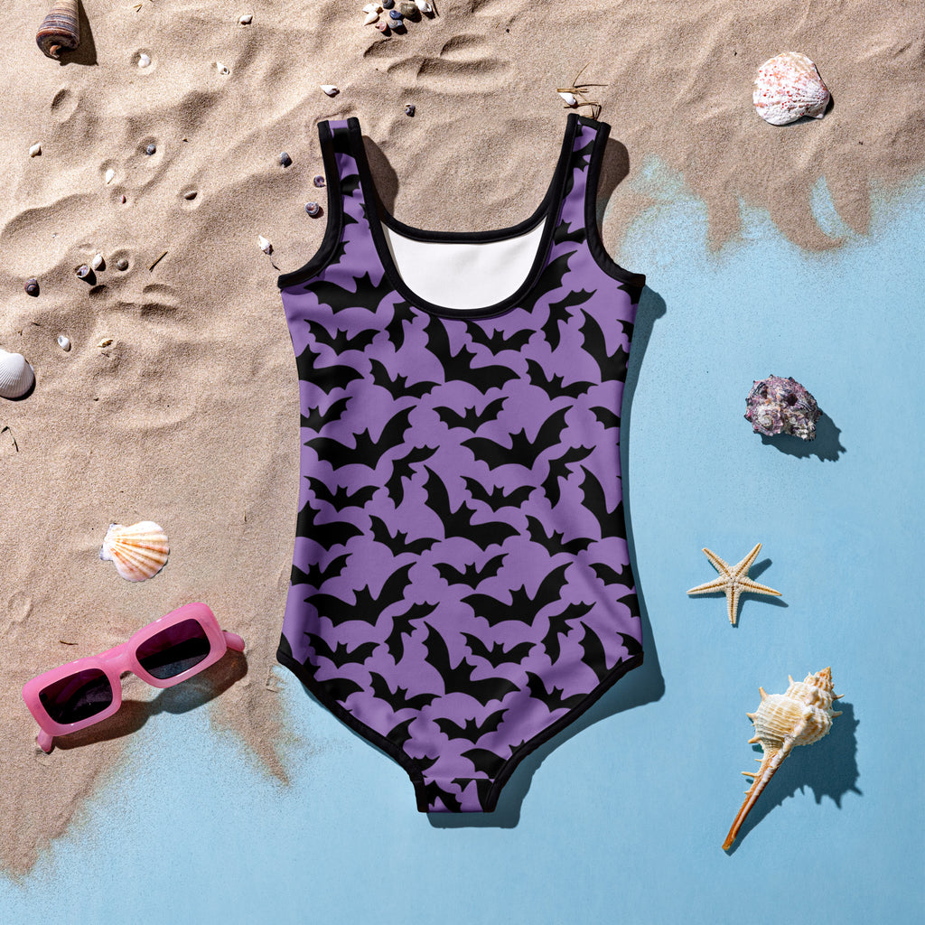Girls Purple Bat Themed Halloween One Piece Swimsuit – Buttery Soft UPF 50+ Sun Protection, Quick Dry, Double Layered Front & 4-Way Stretch