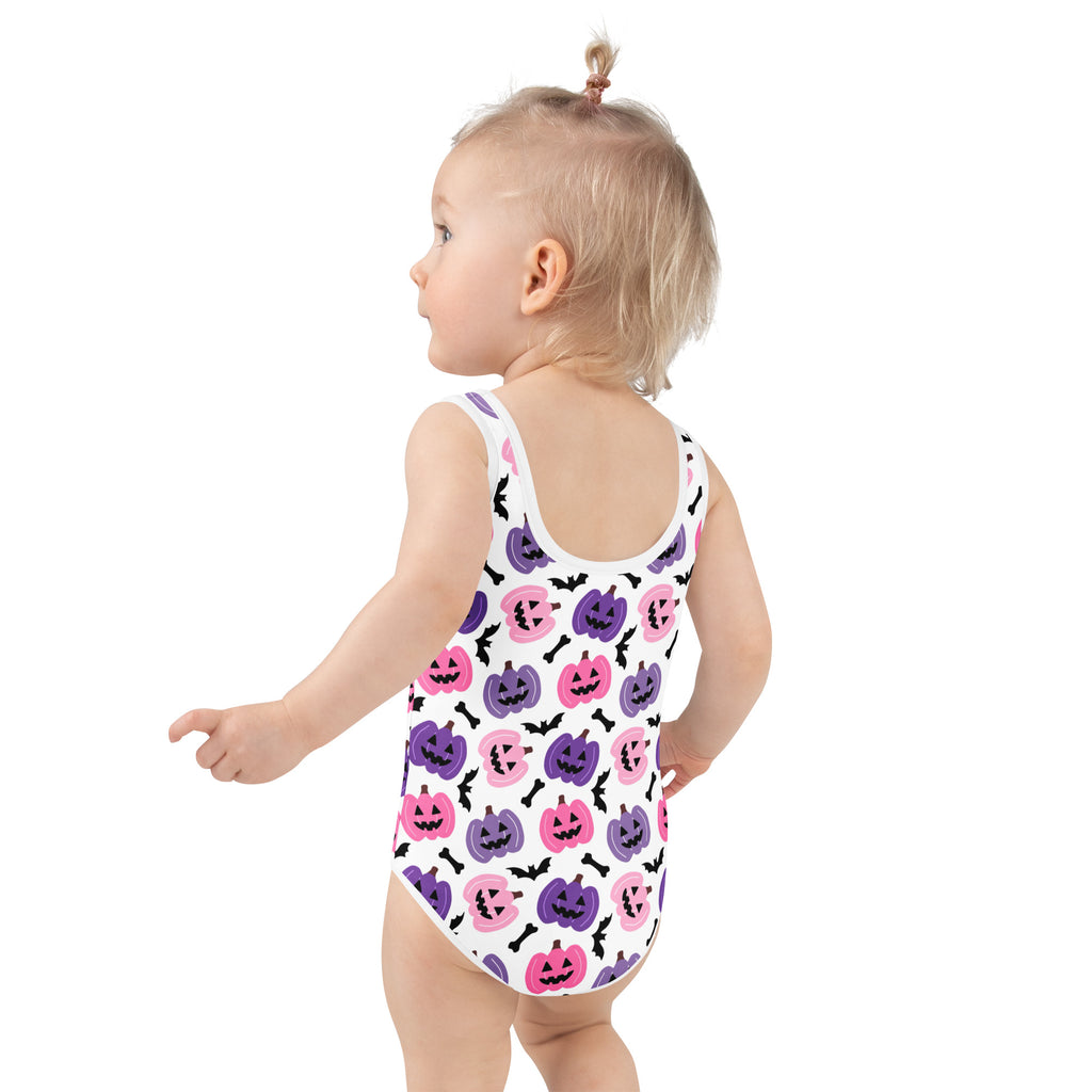Girls Pink and Purple Pumpkin Halloween One Piece Swimsuit – Buttery Soft UPF 50+ Sun Protection, Quick Dry, Double Layered Front & 4-Way Stretch