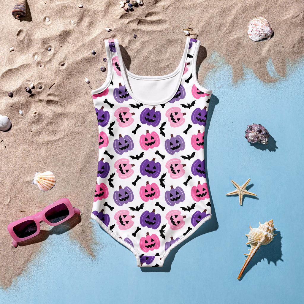 Girls Pink and Purple Pumpkin Halloween One Piece Swimsuit – Buttery Soft UPF 50+ Sun Protection, Quick Dry, Double Layered Front & 4-Way Stretch