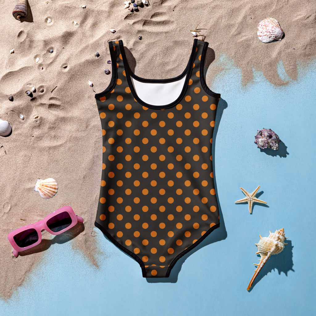 Girls Light Orange Polka Dot Halloween One Piece Swimsuit – Buttery Soft UPF 50+ Sun Protection, Quick Dry, Double Layered Front & 4-Way Stretch