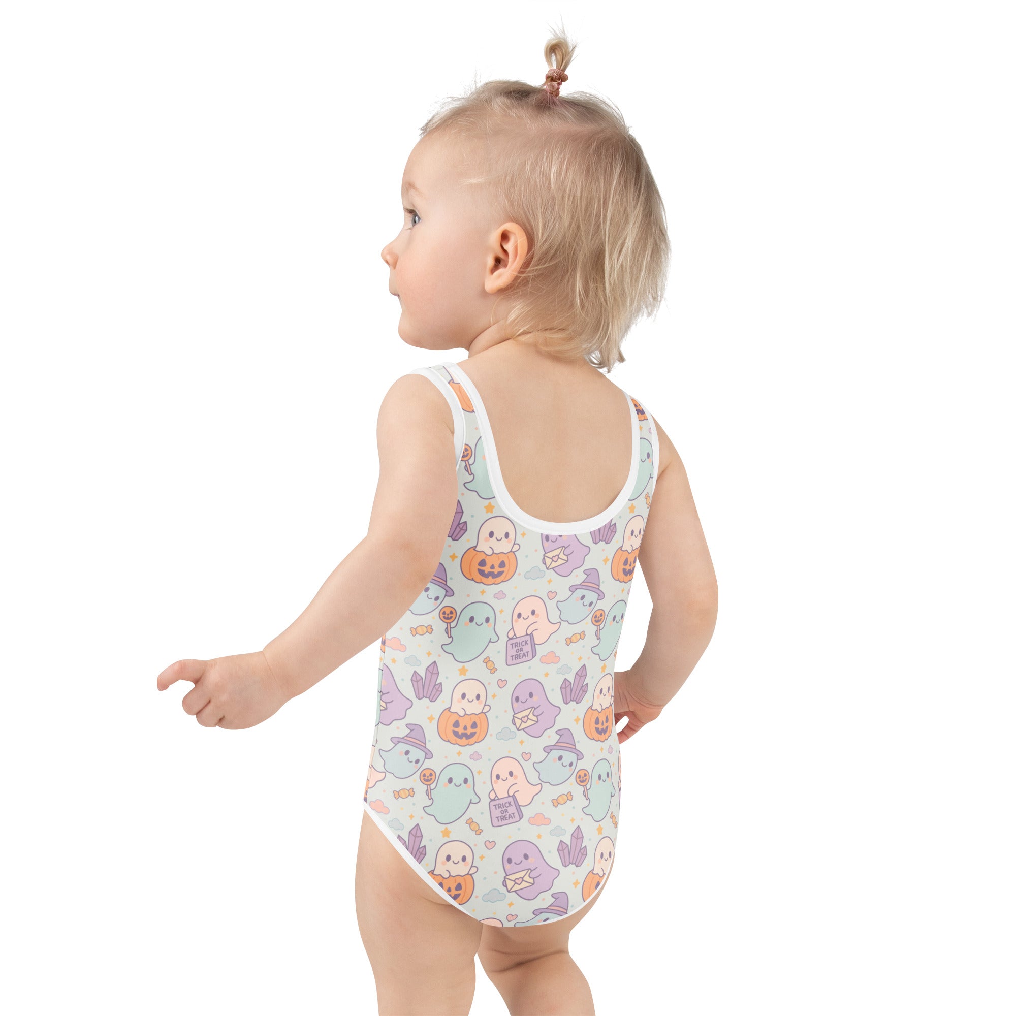 Girls Cute Ghost Halloween One Piece Swimsuit – Buttery Soft UPF 50+ Sun Protection, Quick Dry, Double Layered Front & 4-Way Stretch