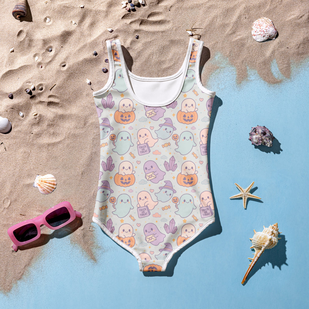 Girls Cute Ghost Halloween One Piece Swimsuit – Buttery Soft UPF 50+ Sun Protection, Quick Dry, Double Layered Front & 4-Way Stretch
