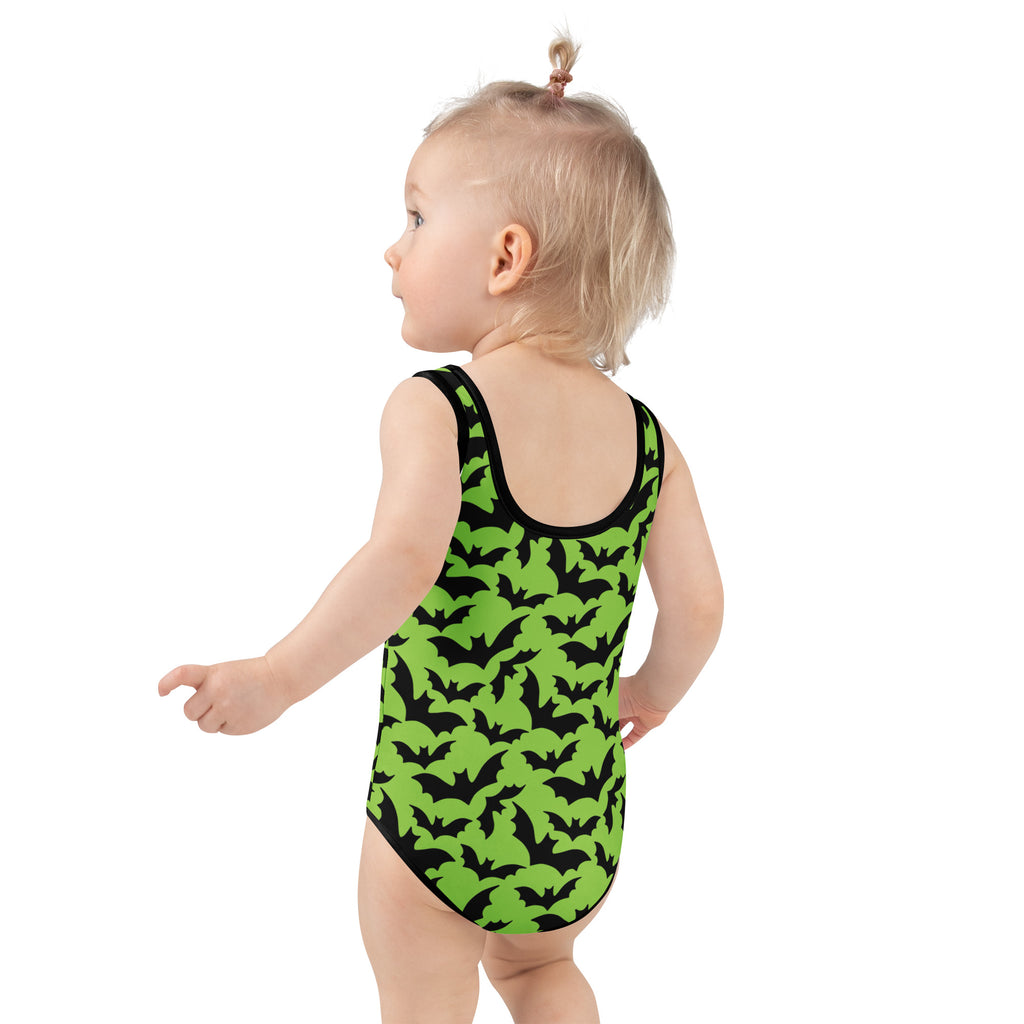 Girls Lime Green Bat Halloween One Piece Swimsuit – Buttery Soft UPF 50+ Sun Protection, Quick Dry, Double Layered Front & 4-Way Stretch