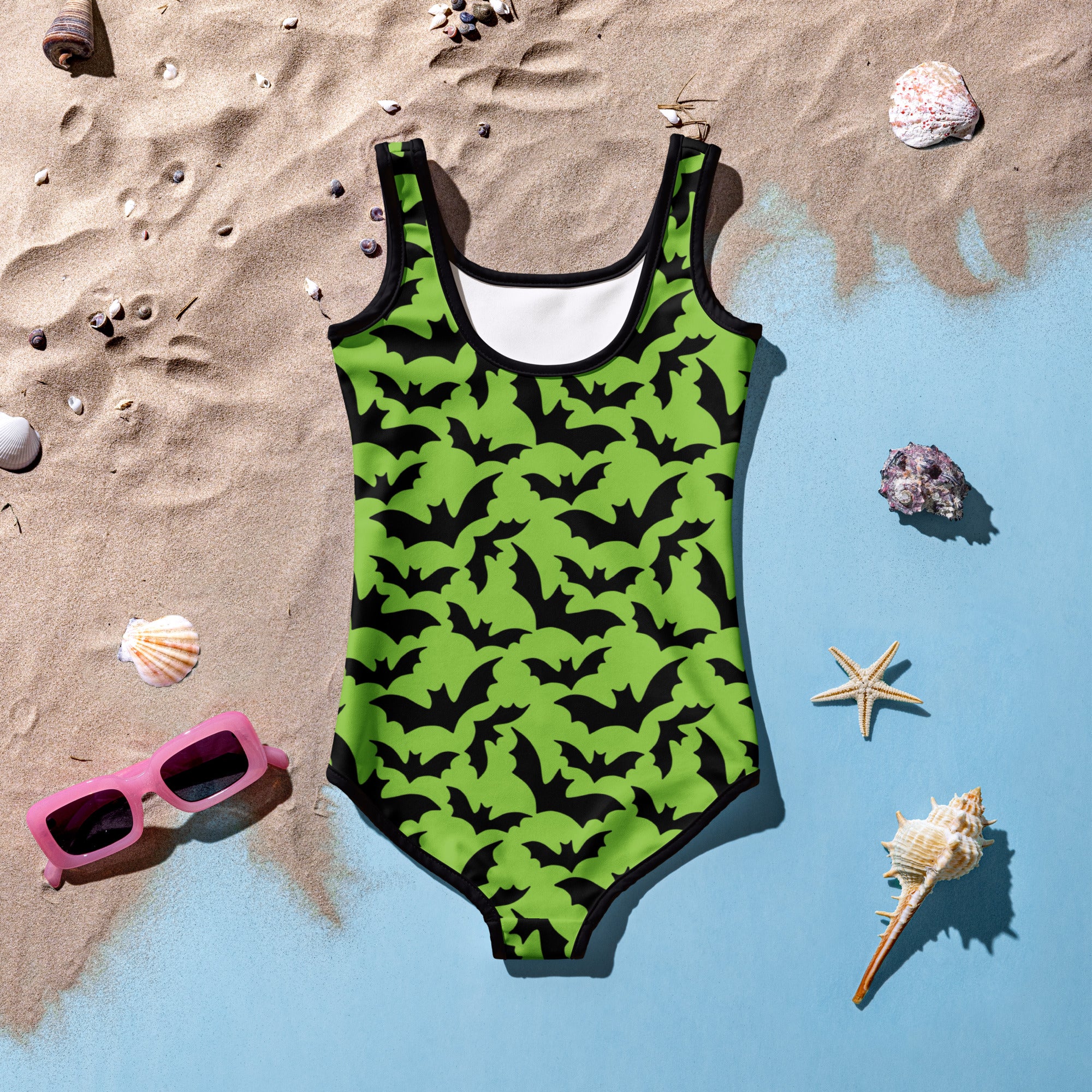 Girls Lime Green Bat Halloween One Piece Swimsuit – Buttery Soft UPF 50+ Sun Protection, Quick Dry, Double Layered Front & 4-Way Stretch