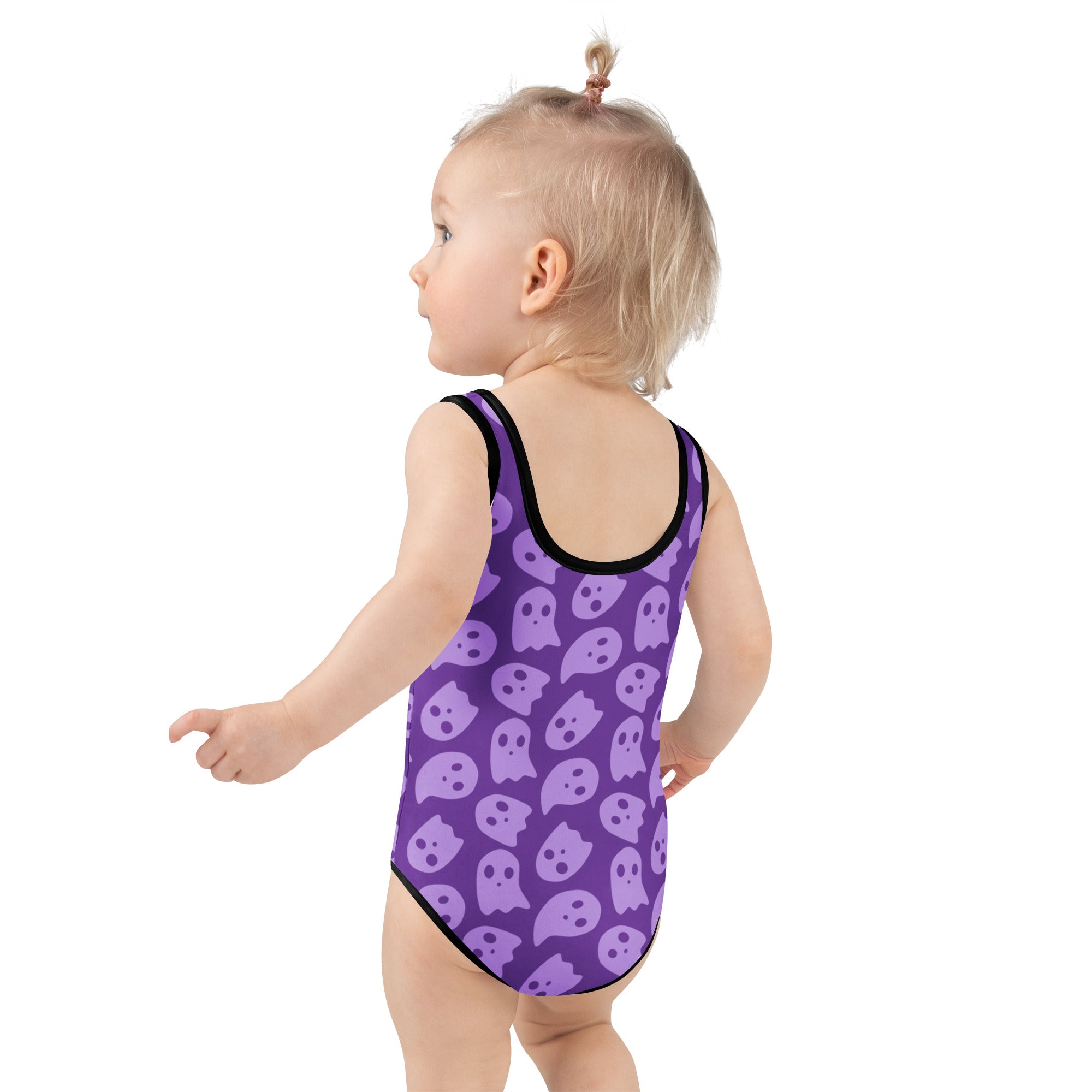 Girls Purple Ghost Themed Halloween One Piece Swimsuit – Buttery Soft UPF 50+ Sun Protection, Quick Dry, Double Layered Front & 4-Way Stretch