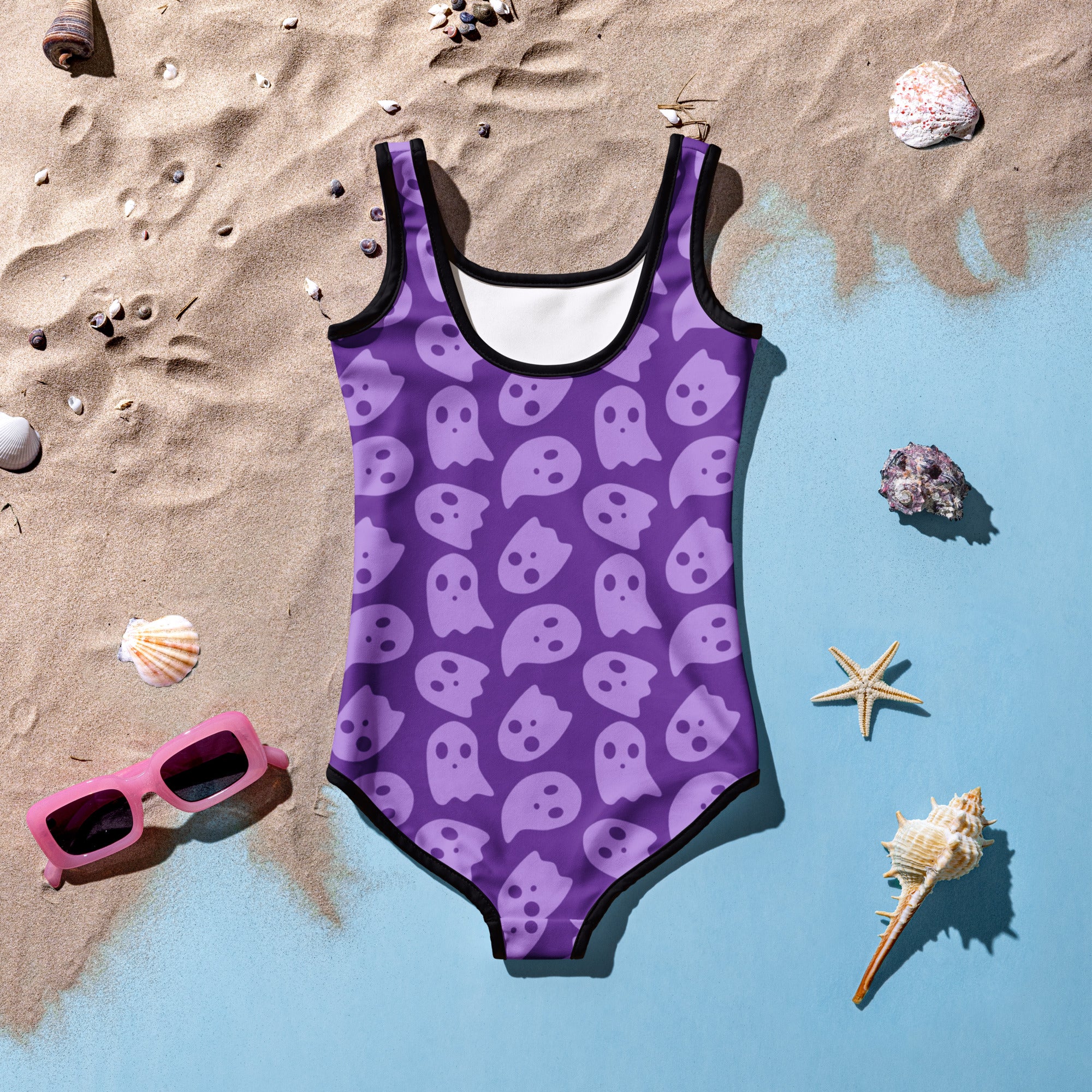 Girls Purple Ghost Themed Halloween One Piece Swimsuit – Buttery Soft UPF 50+ Sun Protection, Quick Dry, Double Layered Front & 4-Way Stretch