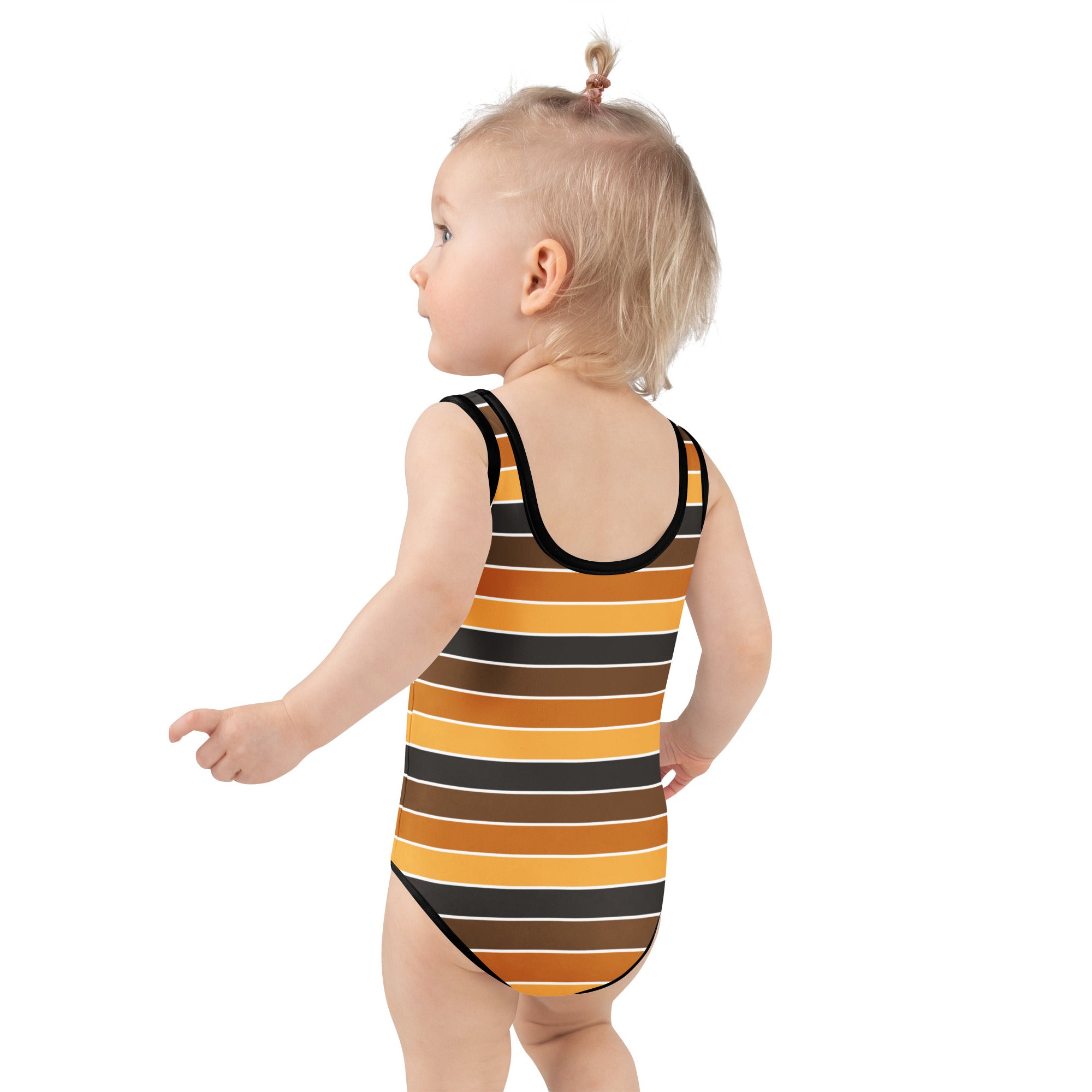 Girls Orange Brown & Black Striped Halloween One Piece Swimsuit – Buttery Soft UPF 50+ Sun Protection, Quick Dry, Double Layered Front & 4-Way Stretch