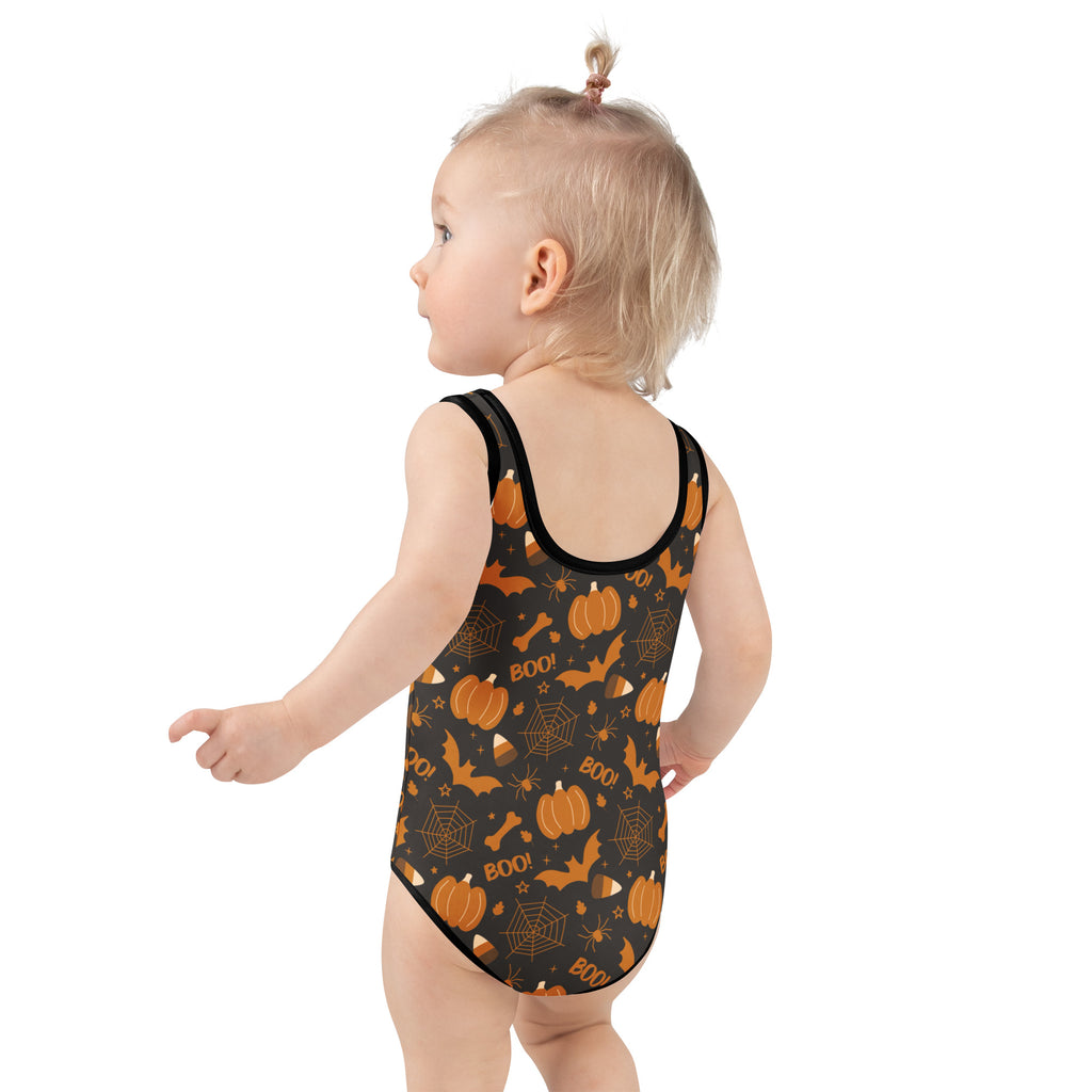 Girls Orange Halloween Icons One Piece Swimsuit – Buttery Soft UPF 50+ Sun Protection, Quick Dry, Double Layered Front & 4-Way Stretch