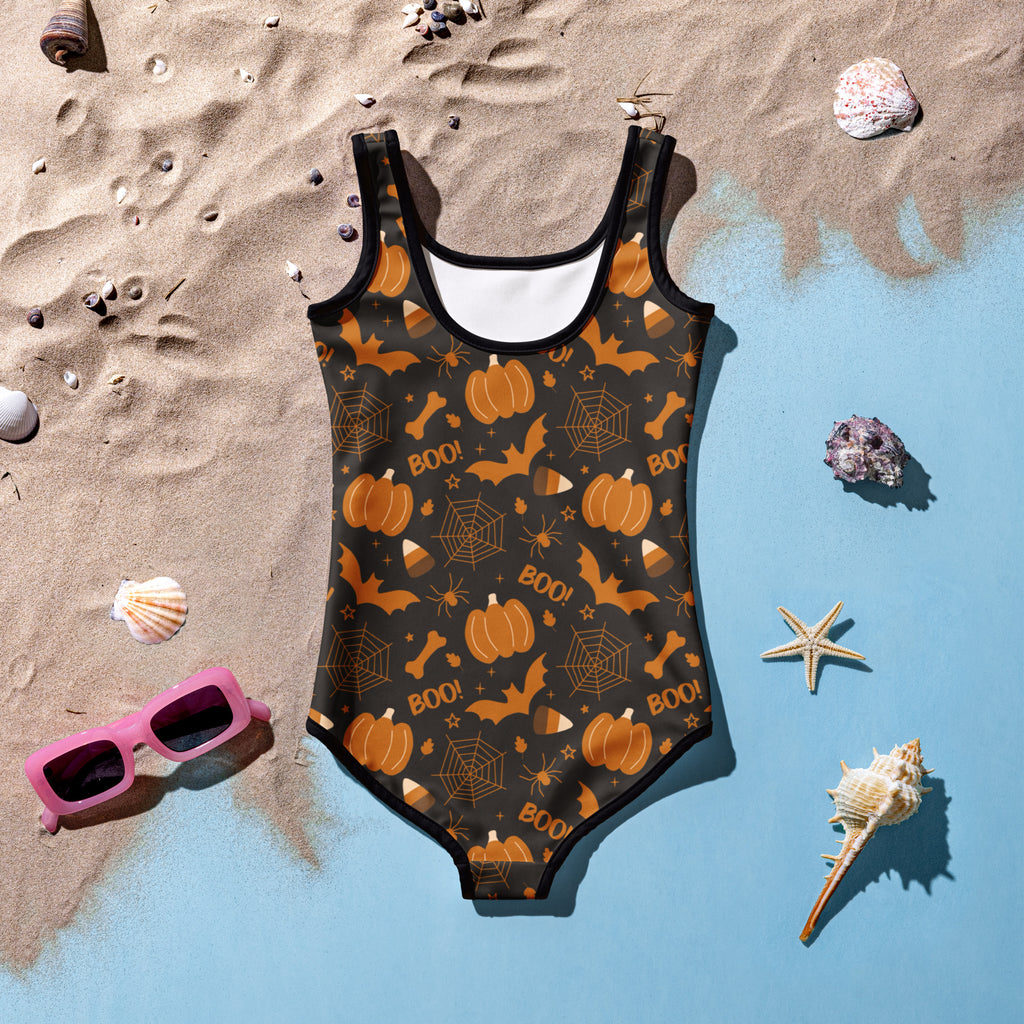 Girls Orange Halloween Icons One Piece Swimsuit – Buttery Soft UPF 50+ Sun Protection, Quick Dry, Double Layered Front & 4-Way Stretch