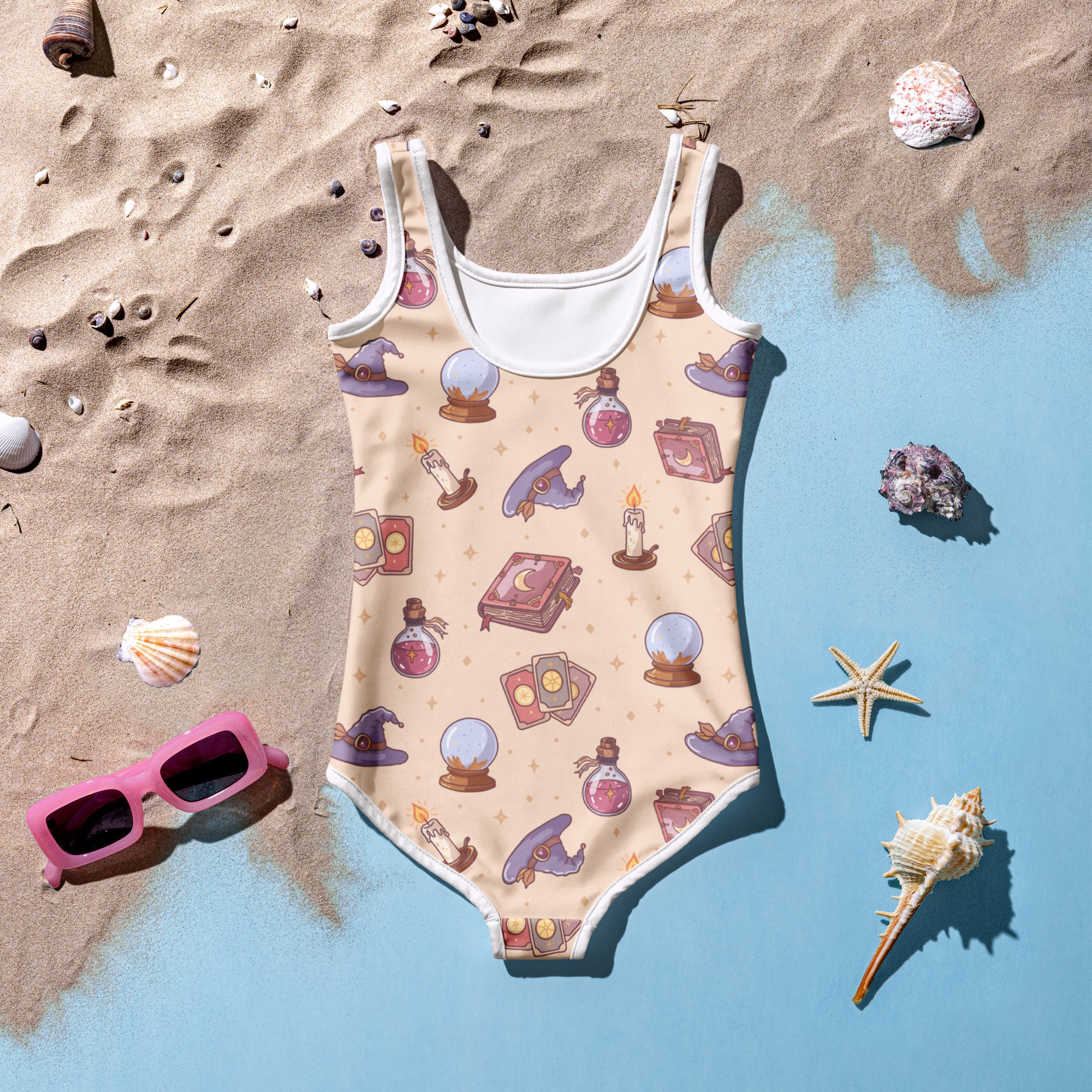Girls Witch Magic Halloween One Piece Swimsuit – Buttery Soft UPF 50+ Sun Protection, Quick Dry, Double Layered Front & 4-Way Stretch
