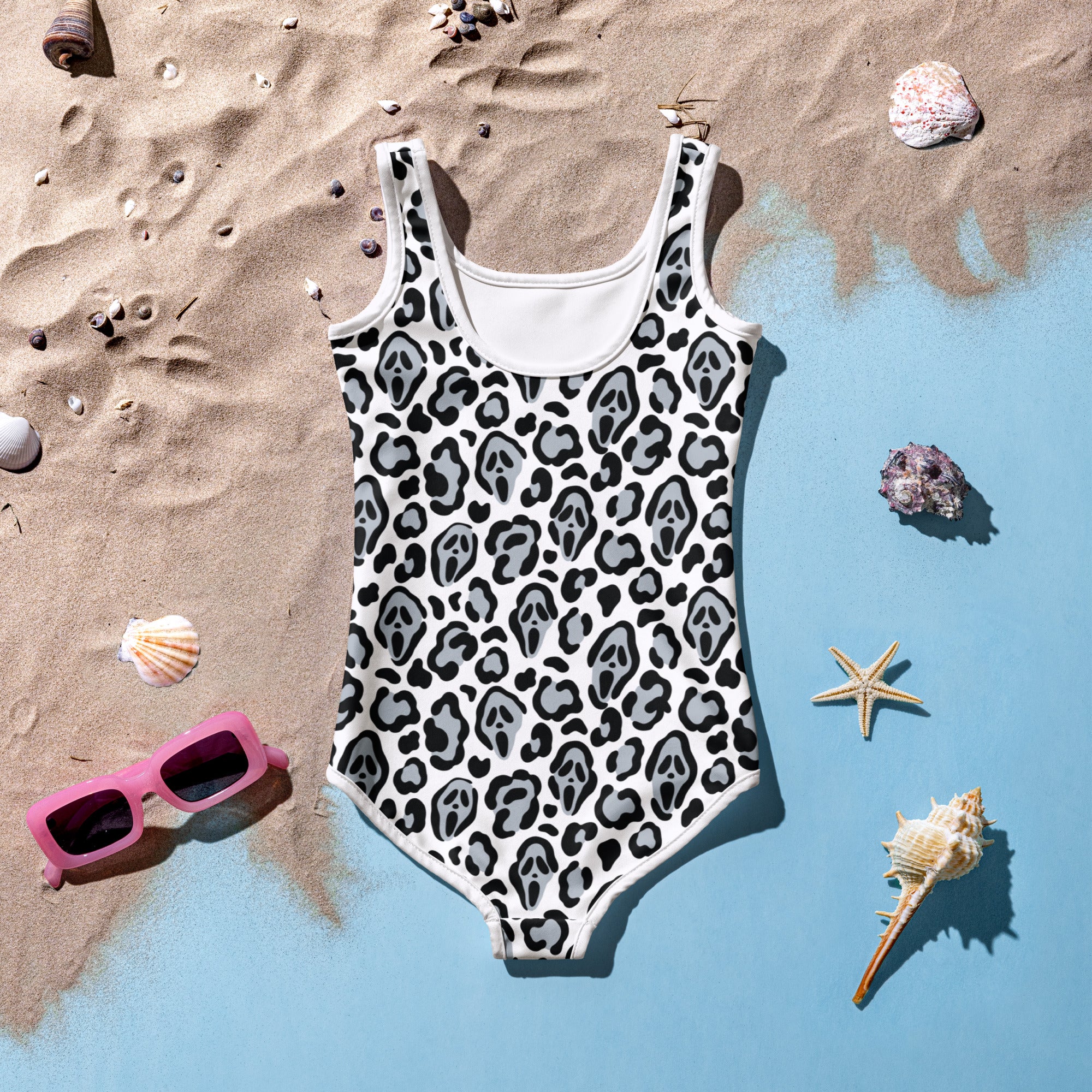 Girls Spooky Ghost Leopard Print Halloween One Piece Swimsuit – Buttery Soft UPF 50+ Sun Protection, Quick Dry, Double Layered Front & 4-Way Stretch