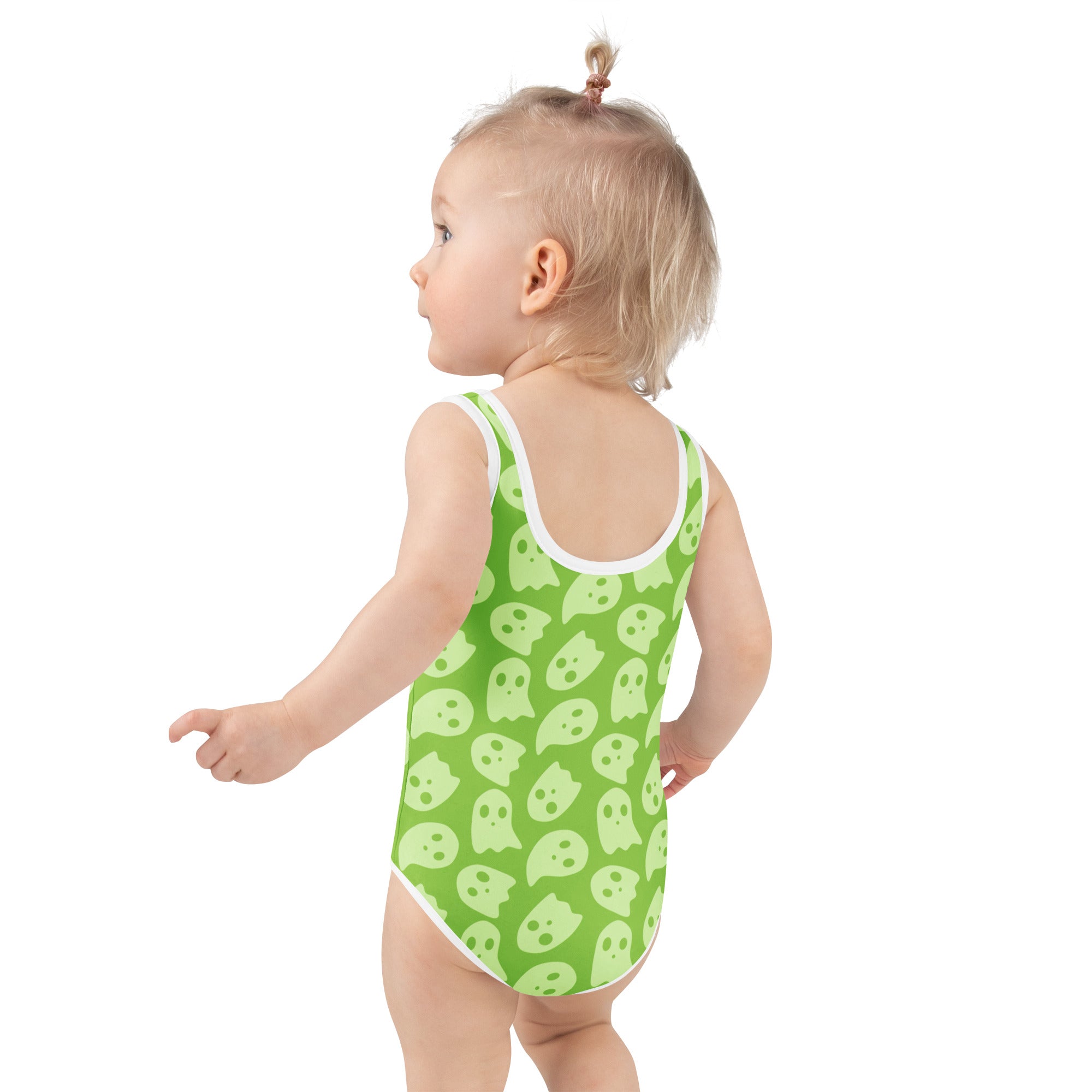 Girls Lime Green Ghost Halloween One Piece Swimsuit – Buttery Soft UPF 50+ Sun Protection, Quick Dry, Double Layered Front & 4-Way Stretch