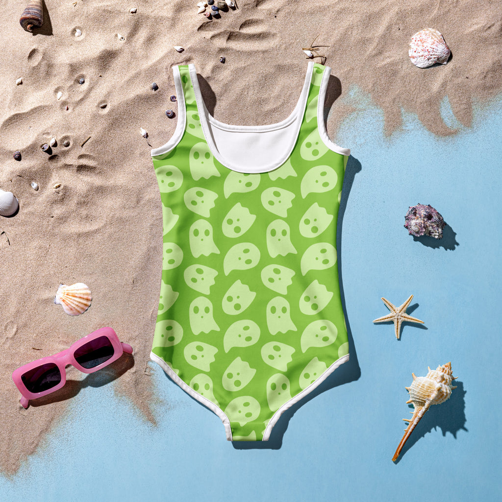 Girls Lime Green Ghost Halloween One Piece Swimsuit – Buttery Soft UPF 50+ Sun Protection, Quick Dry, Double Layered Front & 4-Way Stretch