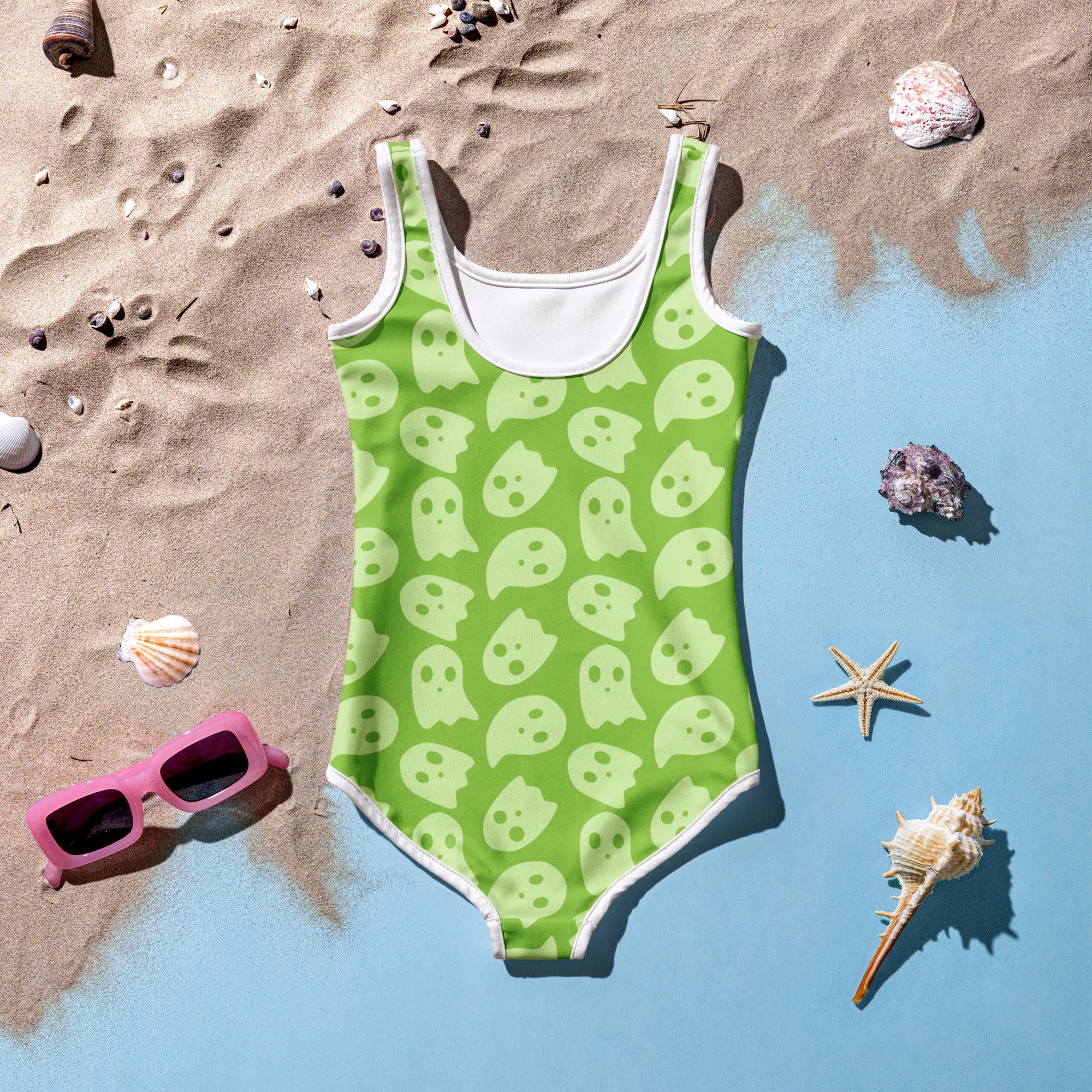 Girls Lime Green Ghost Halloween One Piece Swimsuit – Buttery Soft UPF 50+ Sun Protection, Quick Dry, Double Layered Front & 4-Way Stretch