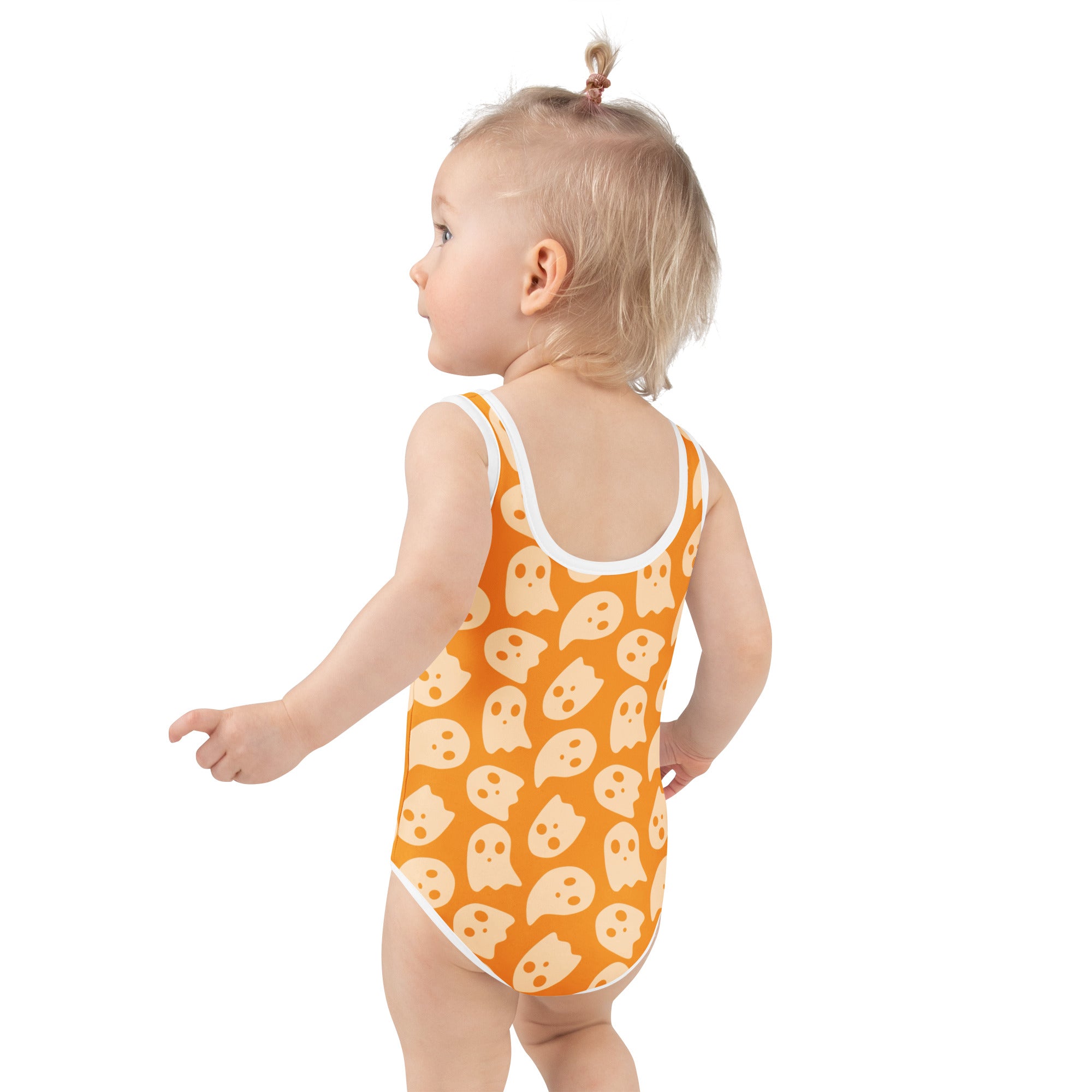 Girls Orange Ghost Halloween One Piece Swimsuit – Buttery Soft UPF 50+ Sun Protection, Quick Dry, Double Layered Front & 4-Way Stretch