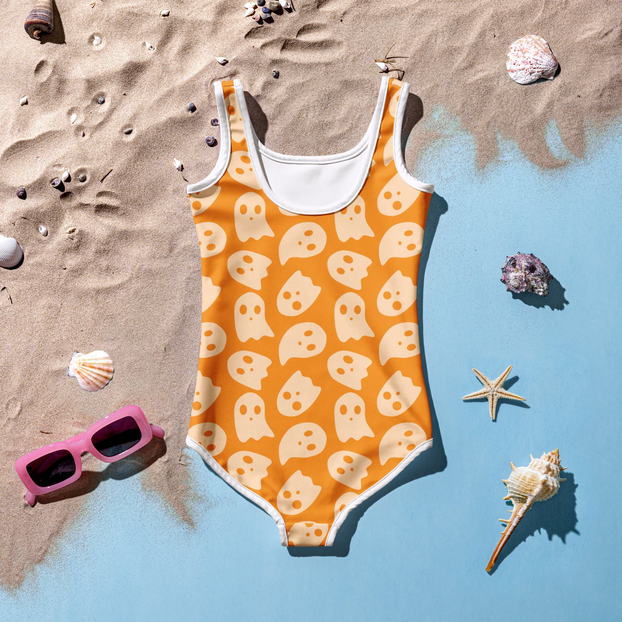 Girls Orange Ghost Halloween One Piece Swimsuit – Buttery Soft UPF 50+ Sun Protection, Quick Dry, Double Layered Front & 4-Way Stretch