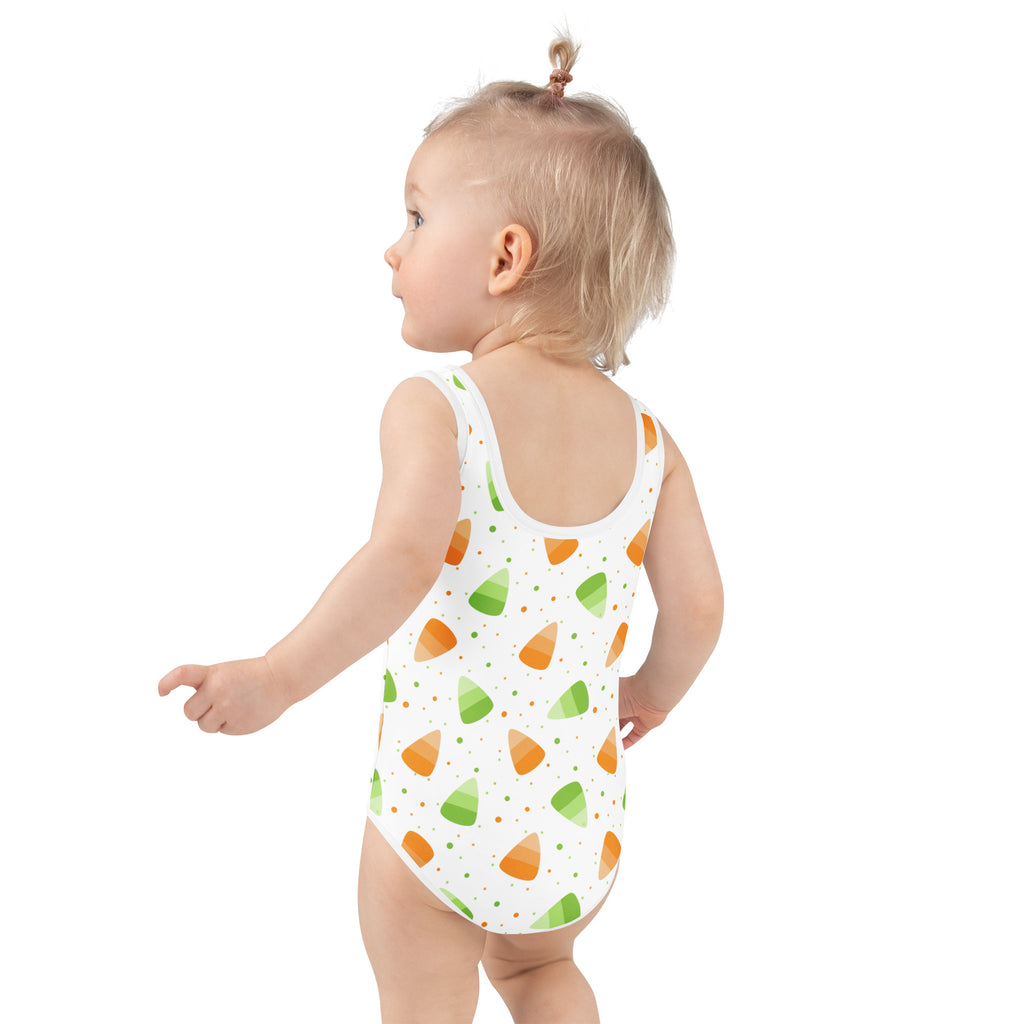 Girls Orange & Green Candy Corn Halloween One Piece Swimsuit – Buttery Soft UPF 50+ Sun Protection, Quick Dry, Double Layered Front & 4-Way Stretch
