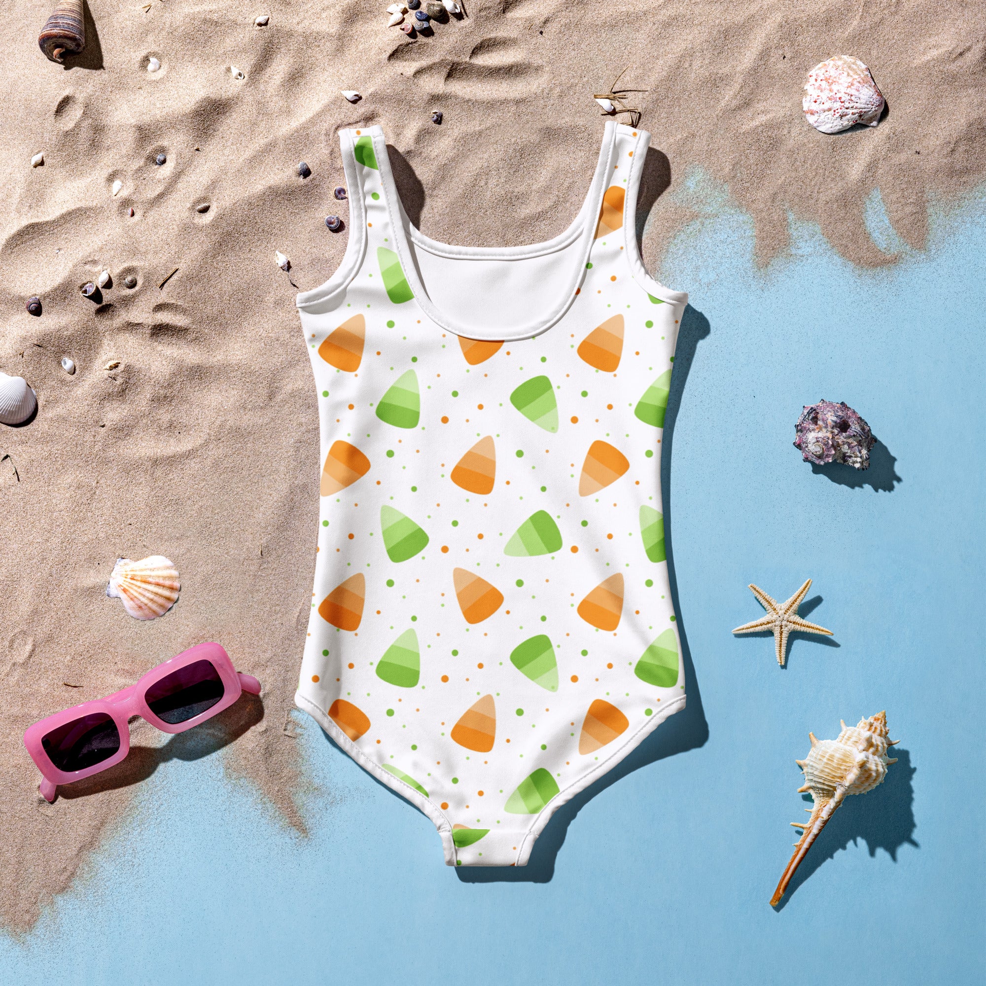 Girls Orange & Green Candy Corn Halloween One Piece Swimsuit – Buttery Soft UPF 50+ Sun Protection, Quick Dry, Double Layered Front & 4-Way Stretch
