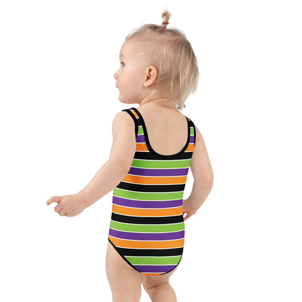 Girls Halloween Stripe One Piece Swimsuit – Buttery Soft UPF 50+ Sun Protection, Quick Dry, Double Layered Front & 4-Way Stretch