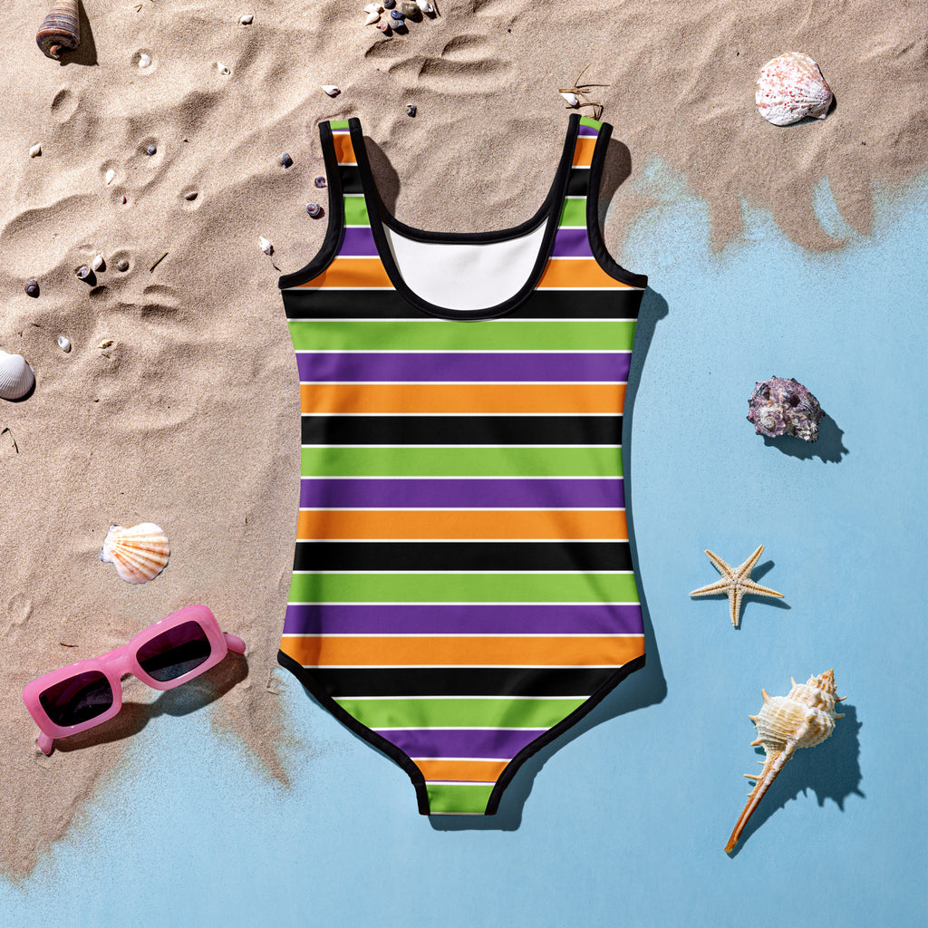 Girls Halloween Stripe One Piece Swimsuit – Buttery Soft UPF 50+ Sun Protection, Quick Dry, Double Layered Front & 4-Way Stretch