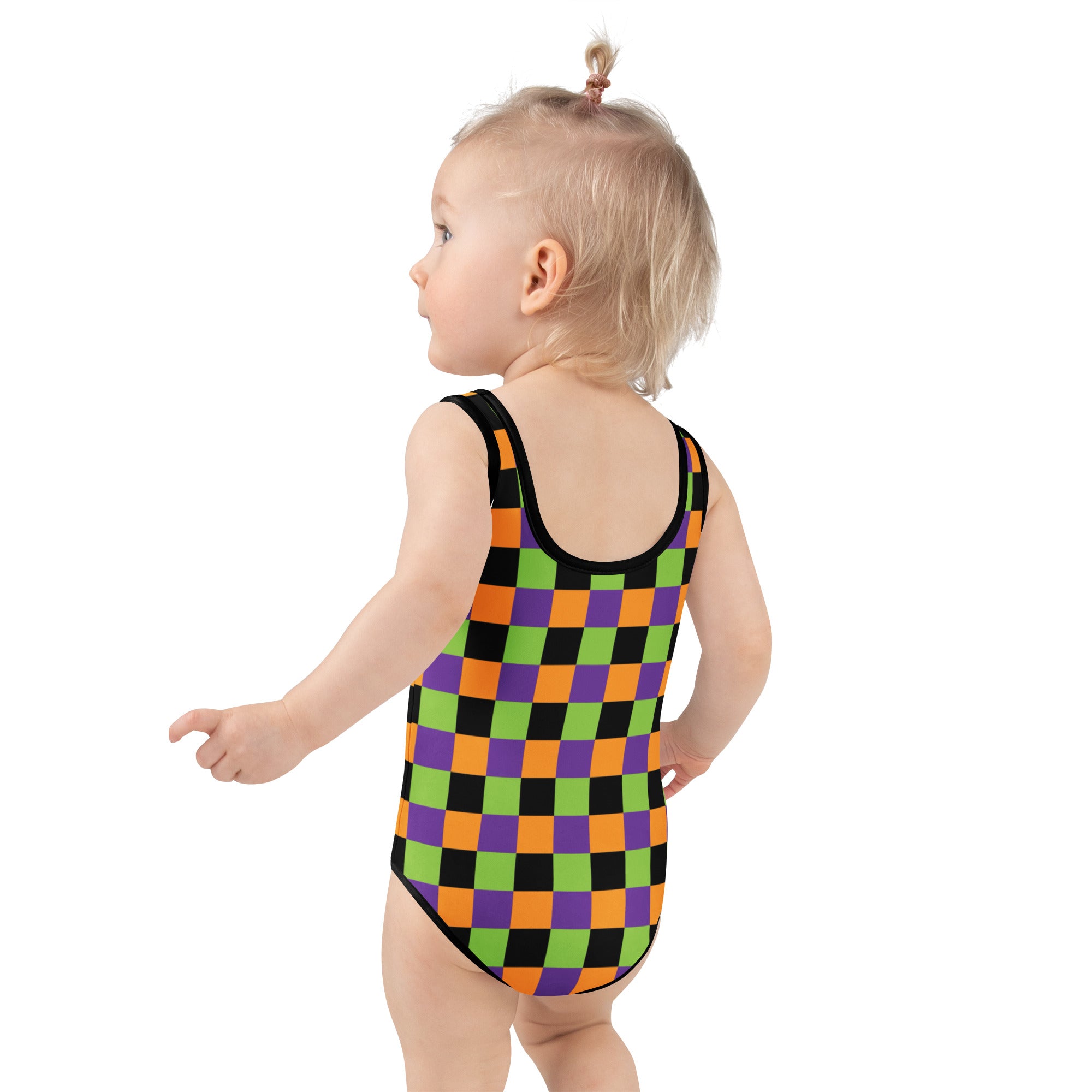 Girls Halloween Checkered One Piece Swimsuit – Buttery Soft UPF 50+ Sun Protection, Quick Dry, Double Layered Front & 4-Way Stretch