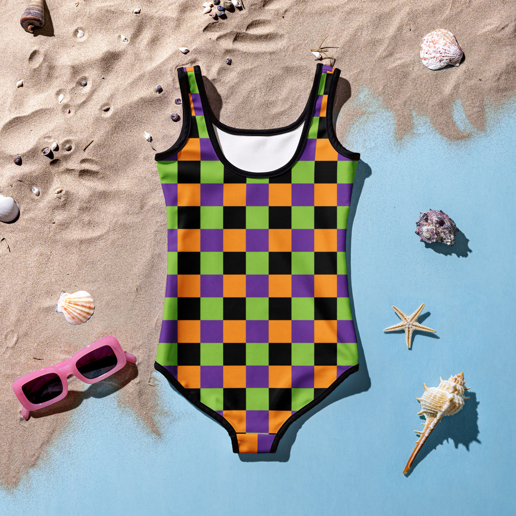 Girls Halloween Checkered One Piece Swimsuit – Buttery Soft UPF 50+ Sun Protection, Quick Dry, Double Layered Front & 4-Way Stretch