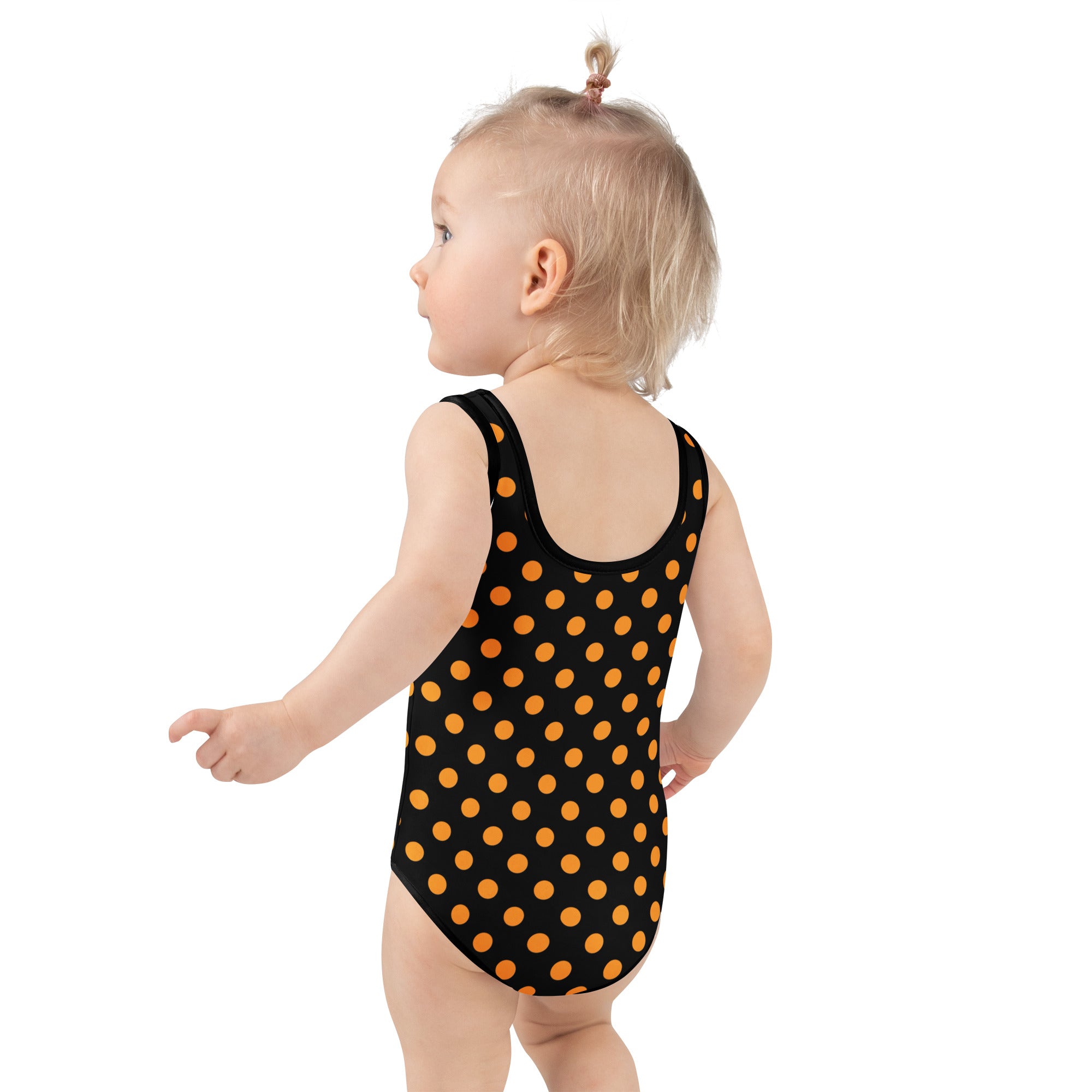 Girls Orange Polka Dot Halloween One Piece Swimsuit – Buttery Soft UPF 50+ Sun Protection, Quick Dry, Double Layered Front & 4-Way Stretch