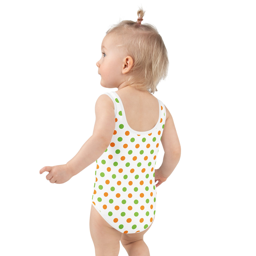 Girls Orange & Green Polka Dot Halloween One Piece Swimsuit – Buttery Soft UPF 50+ Sun Protection, Quick Dry, Double Layered Front & 4-Way Stretch